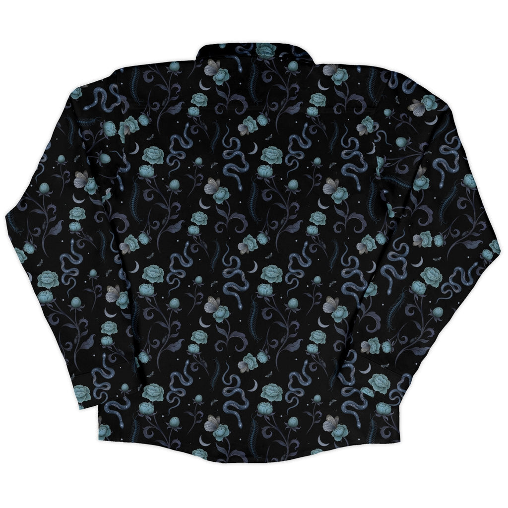 Episodic Serpent Garden Blue Space Long Sleeve Button Up Shirt Geek Nerd adult sizing Animal Patterns Botany Print