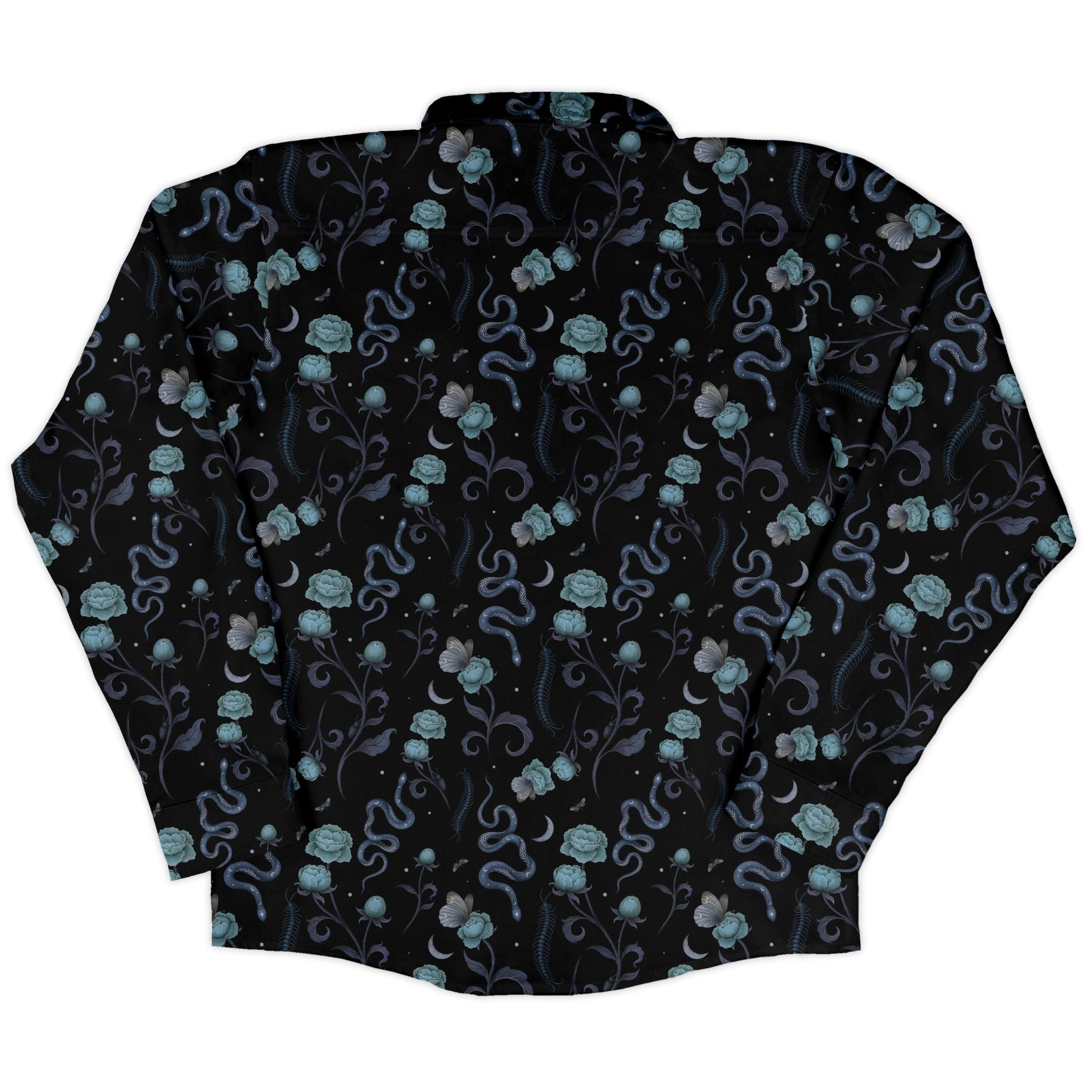 Episodic Serpent Garden Blue Space Long Sleeve Button Up Shirt Geek Nerd adult sizing Animal Patterns Botany Print