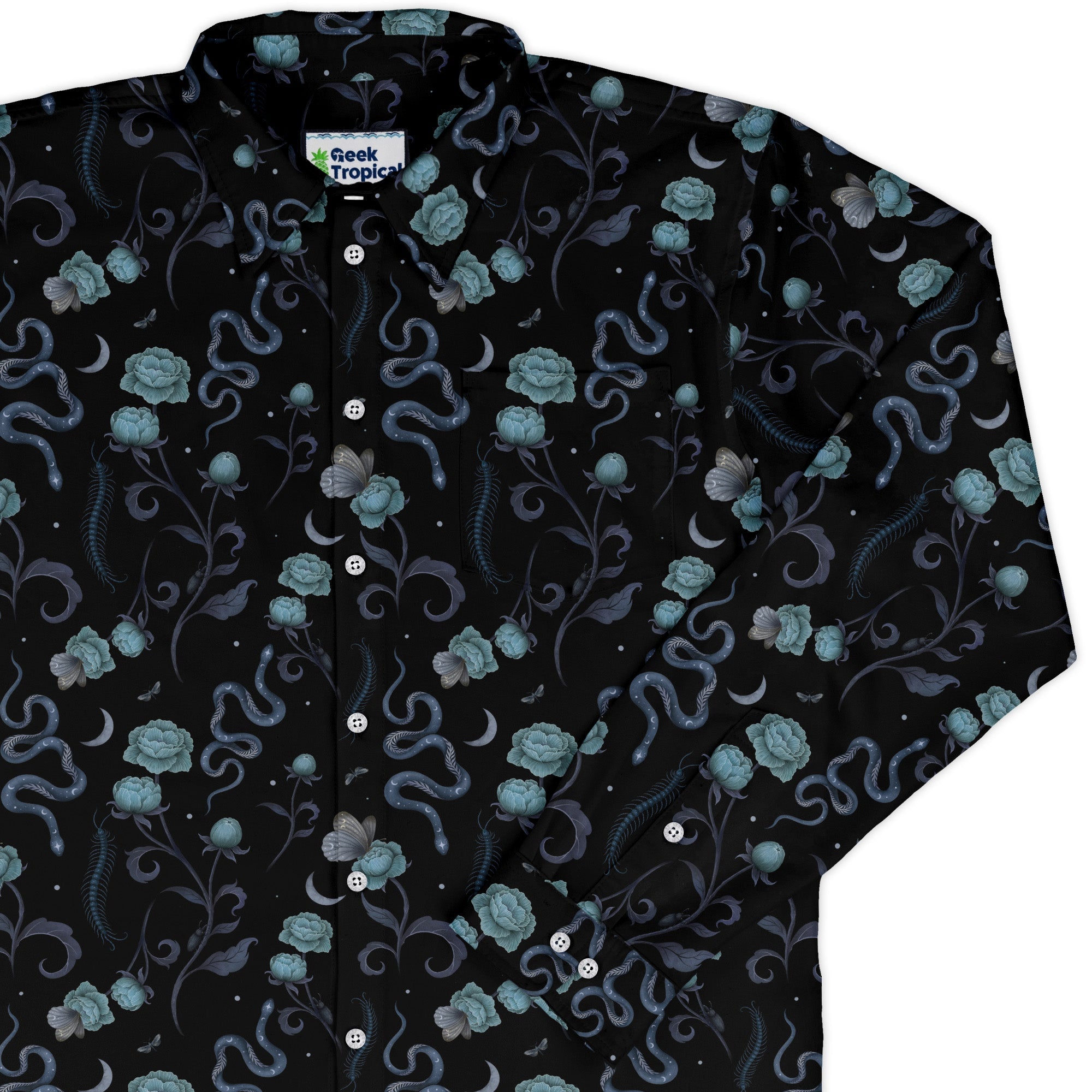 Episodic Serpent Garden Blue Space Long Sleeve Button Up Shirt Geek Nerd adult sizing Animal Patterns Botany Print