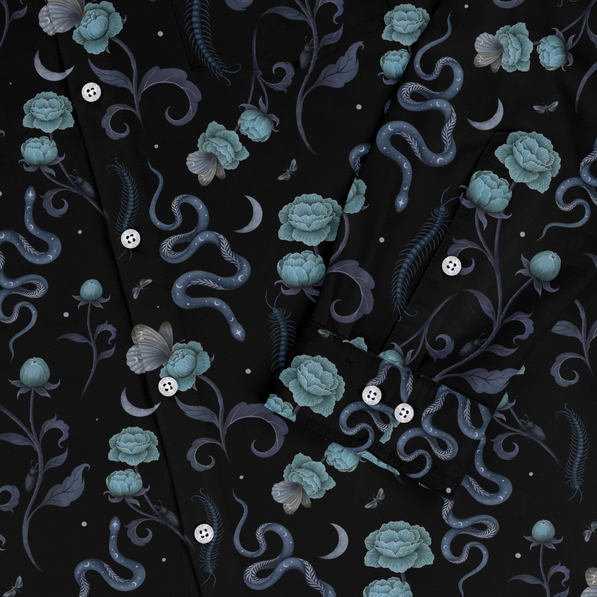 Episodic Serpent Garden Blue Space Long Sleeve Button Up Shirt Geek Nerd adult sizing Animal Patterns Botany Print