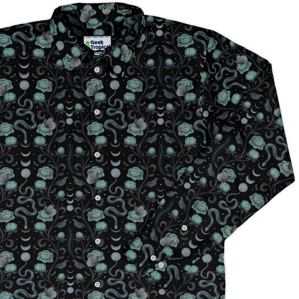 Episodic Serpent Garden Blue Long Sleeve Button Up Shirt Geek Nerd adult sizing Animal Patterns Botany Print