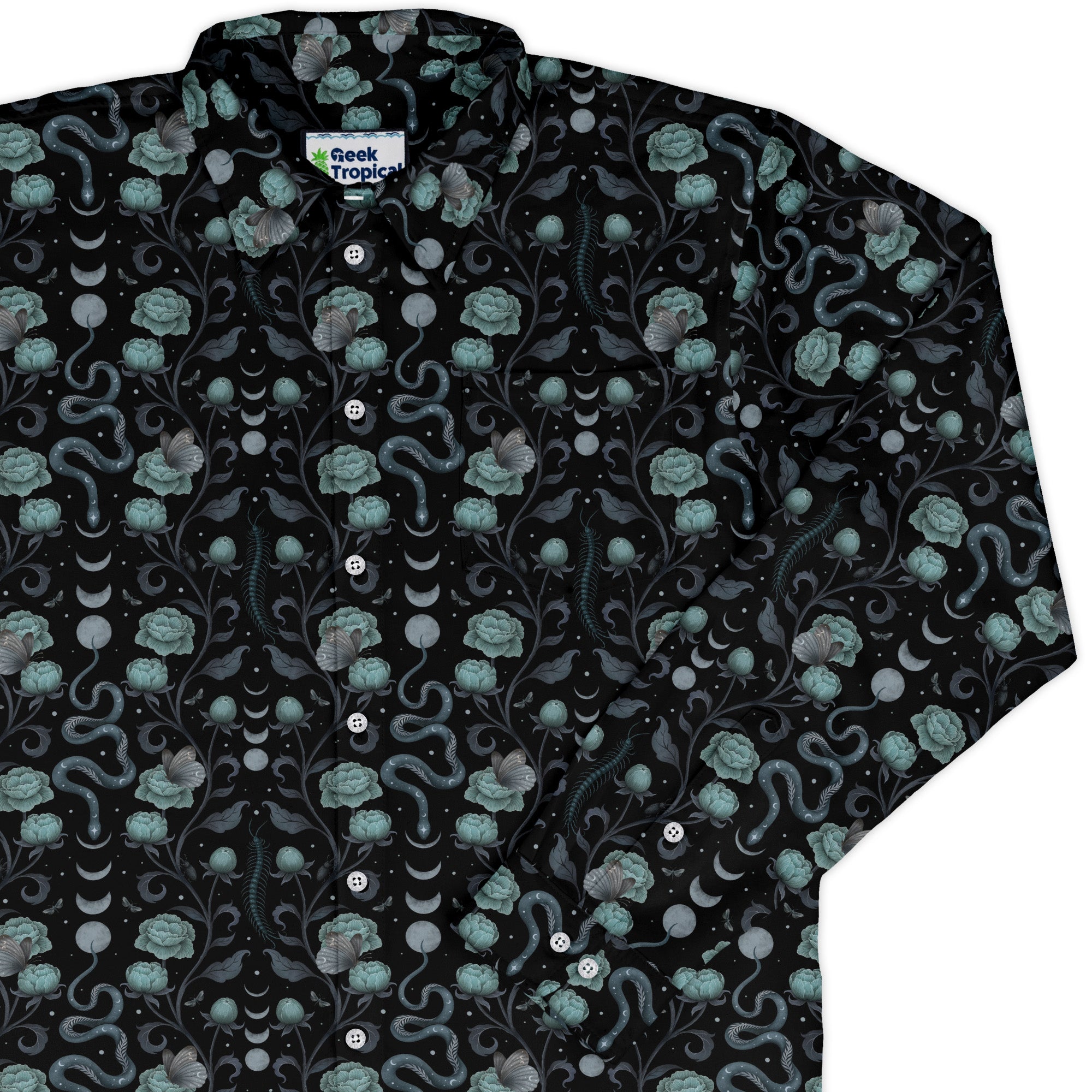 Episodic Serpent Garden Blue Long Sleeve Button Up Shirt Geek Nerd adult sizing Animal Patterns Botany Print