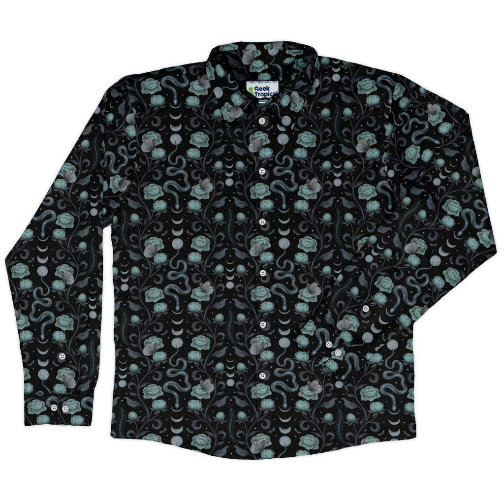 Episodic Serpent Garden Blue Long Sleeve Button Up Shirt Geek Nerd adult sizing Animal Patterns Botany Print