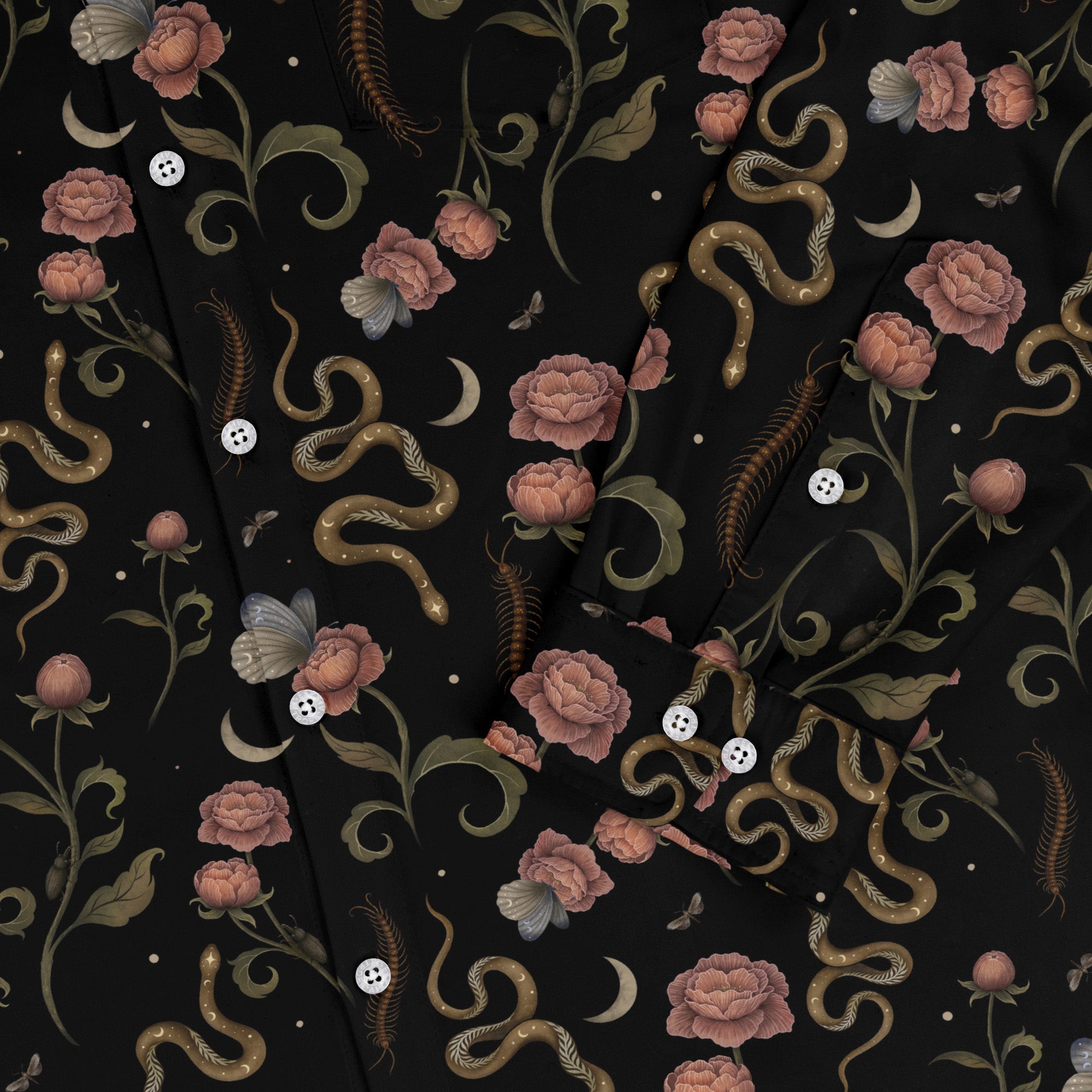 Episodic Serpent Garden Pink Space Long Sleeve Button Up Shirt Geek Nerd adult sizing Animal Patterns Botany Print