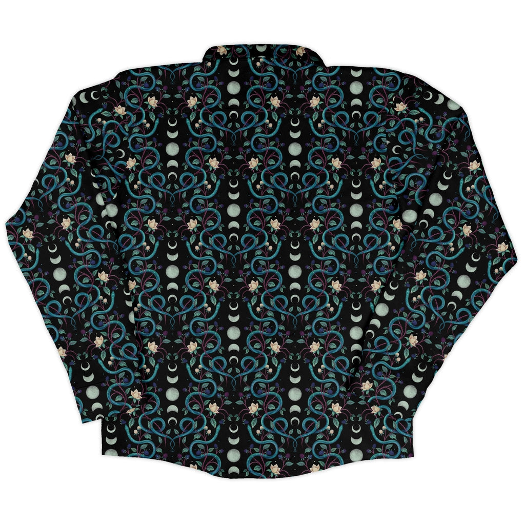 Episodic Serpent Moon Long Sleeve Button Up Shirt Geek Nerd adult sizing Animal Patterns Botany Print