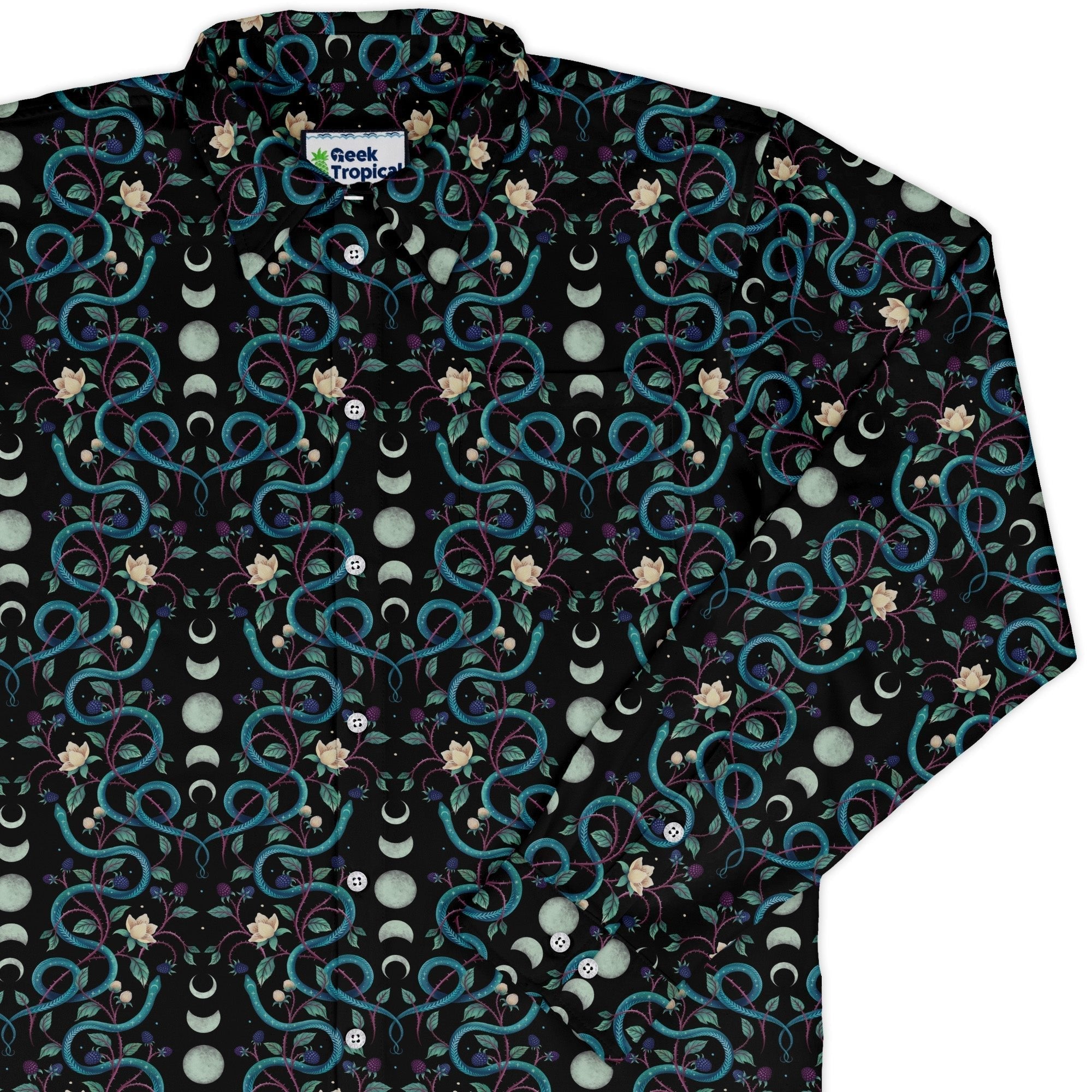 Episodic Serpent Moon Long Sleeve Button Up Shirt Geek Nerd adult sizing Animal Patterns Botany Print