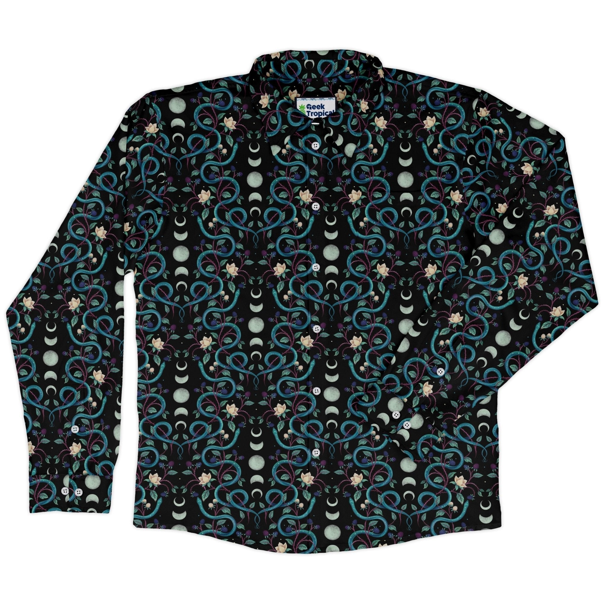 Episodic Serpent Moon Long Sleeve Button Up Shirt Geek Nerd adult sizing Animal Patterns Botany Print