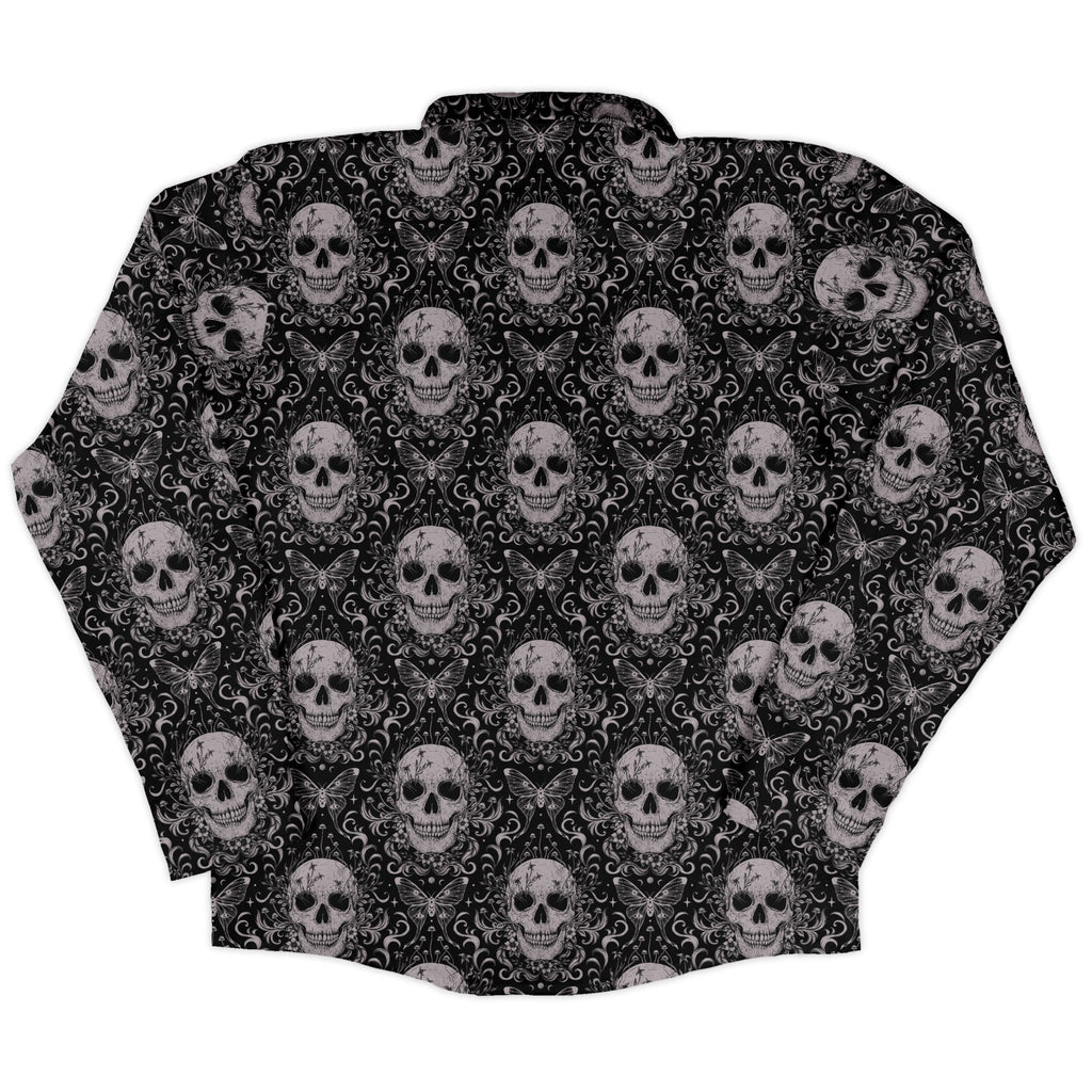 Episodic Skull Black White Long Sleeve Button Up Shirt Geek Nerd adult sizing Botany Print Design by Episodic