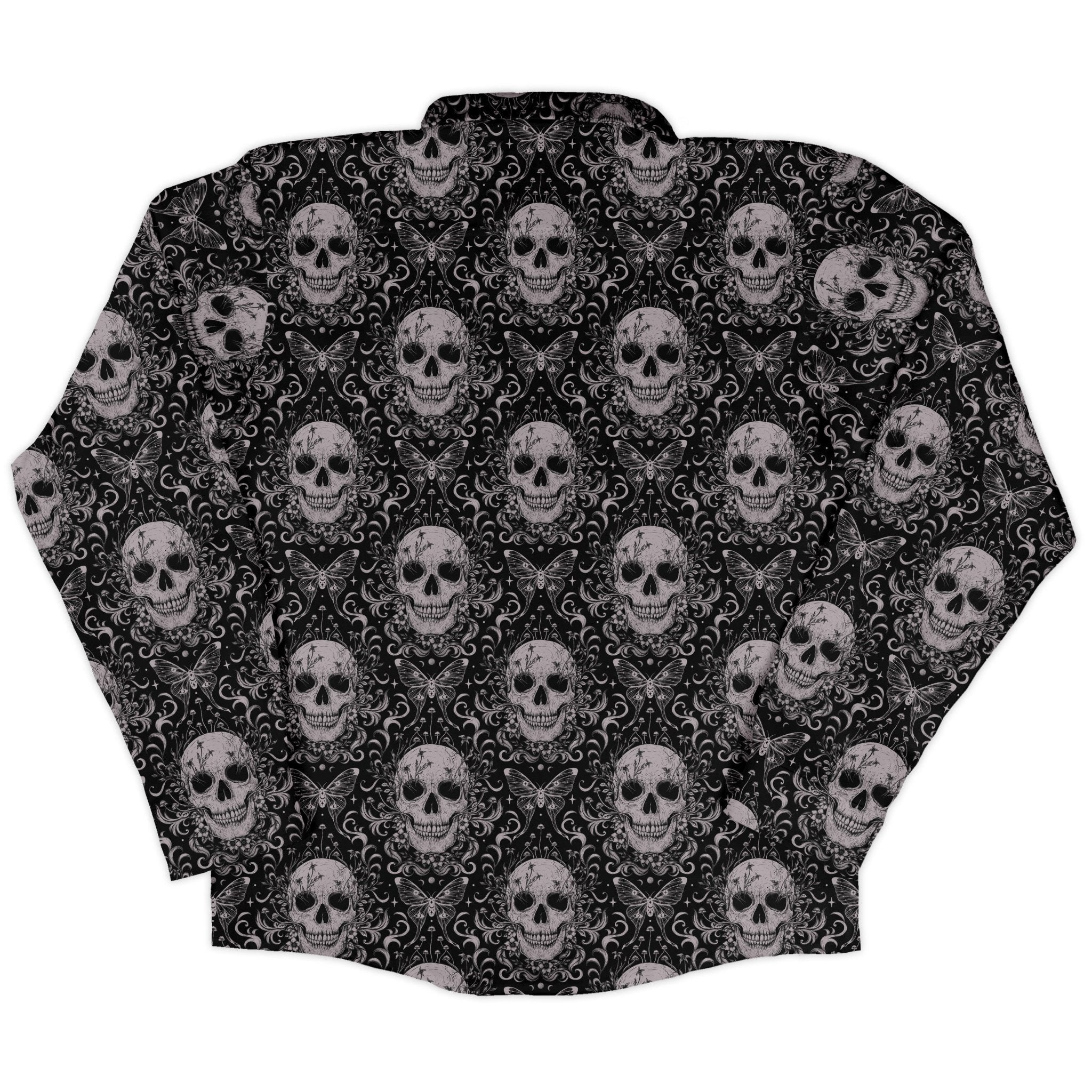 Episodic Skull Black White Long Sleeve Button Up Shirt Geek Nerd adult sizing Botany Print Design by Episodic