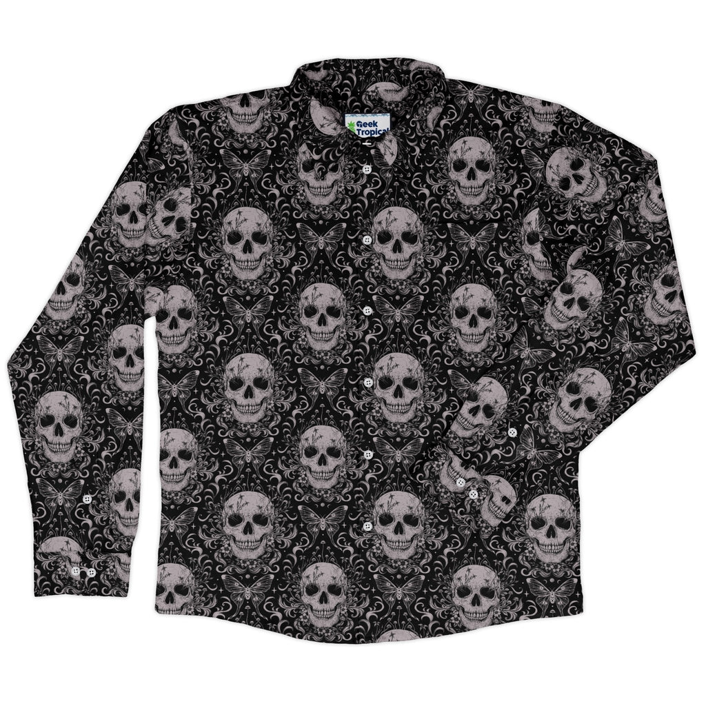 Episodic Skull Black White Long Sleeve Button Up Shirt Geek Nerd adult sizing Botany Print Design by Episodic