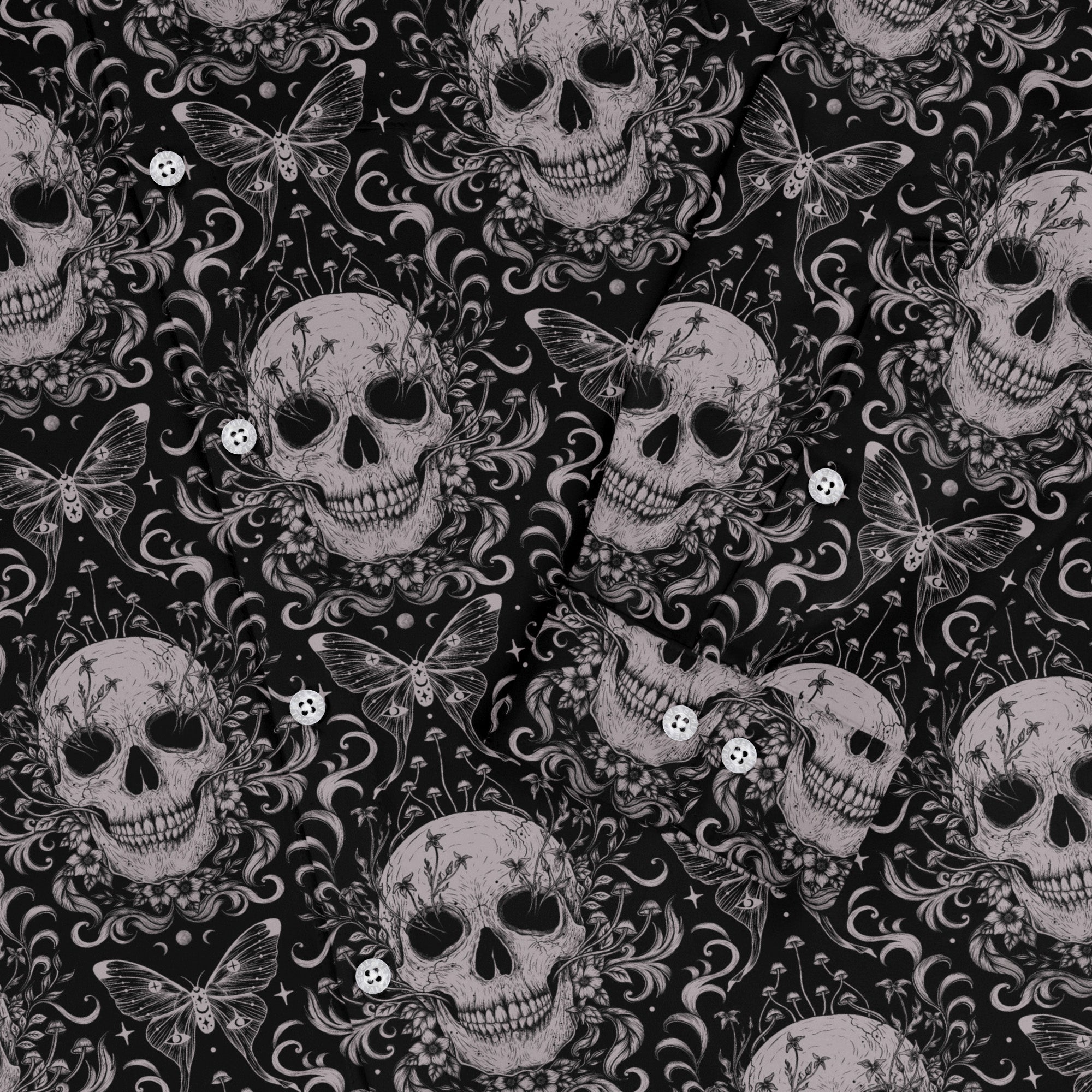 Episodic Skull Black White Long Sleeve Button Up Shirt Geek Nerd adult sizing Botany Print Design by Episodic