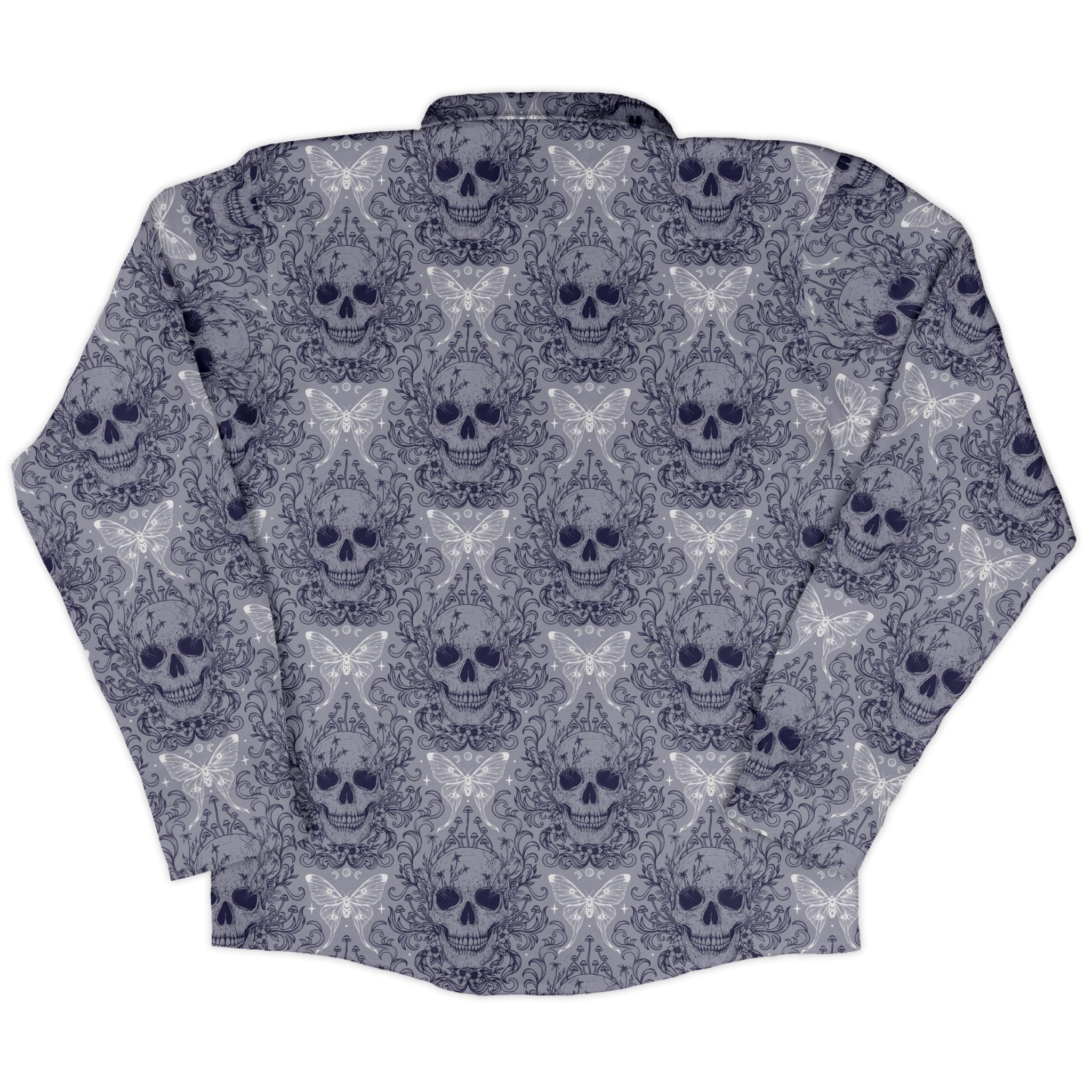 Episodic Skull Lavender Long Sleeve Button Up Shirt Geek Nerd adult sizing Botany Print Design by Episodic