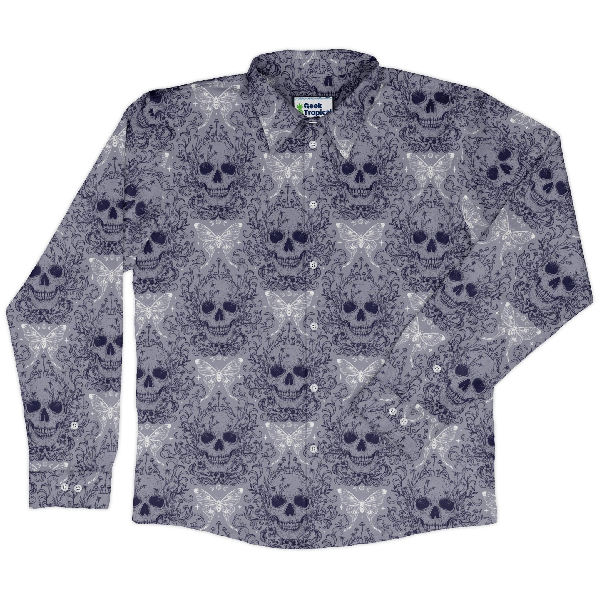 Episodic Skull Lavender Long Sleeve Button Up Shirt Geek Nerd adult sizing Botany Print Design by Episodic