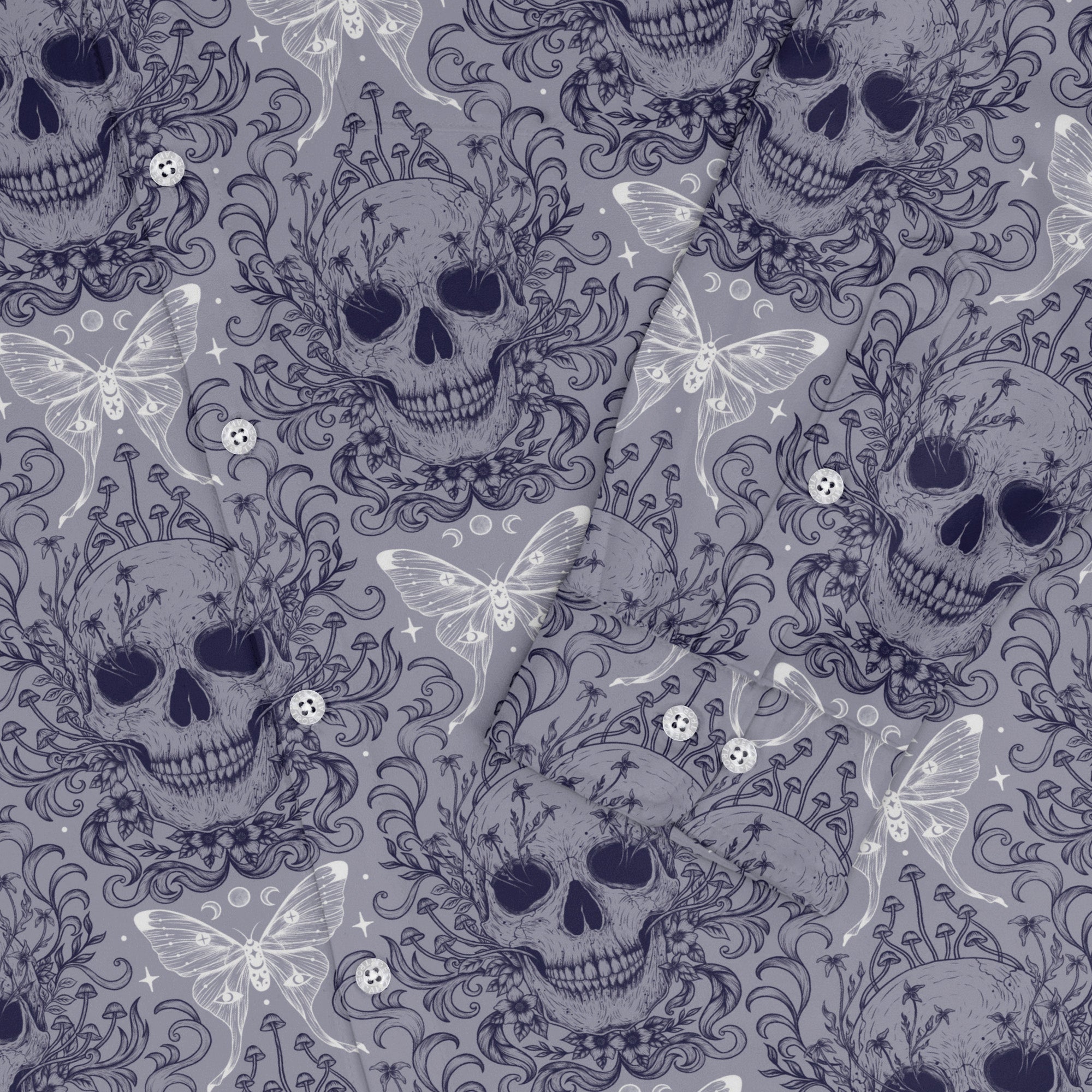 Episodic Skull Lavender Long Sleeve Button Up Shirt Geek Nerd adult sizing Botany Print Design by Episodic