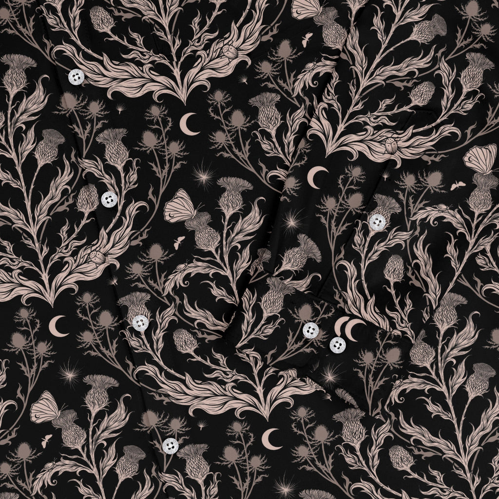 Episodic Thistle Home Black White Long Sleeve Button Up Shirt Geek Nerd adult sizing Botany Print Design by Episodic