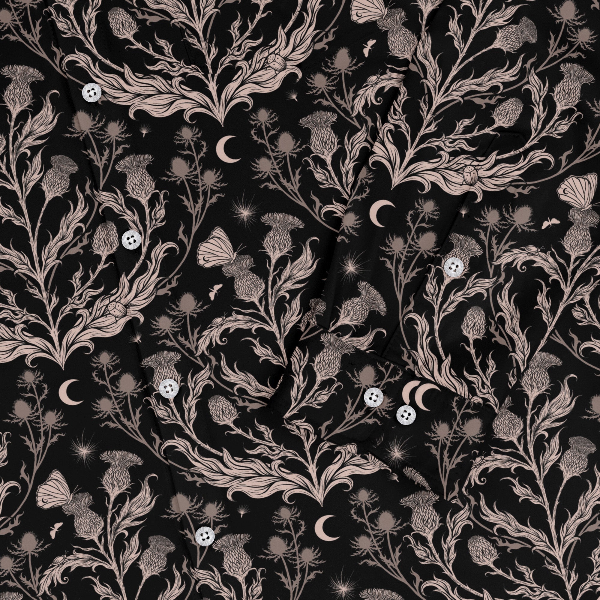 Episodic Thistle Home Black White Long Sleeve Button Up Shirt Geek Nerd adult sizing Botany Print Design by Episodic