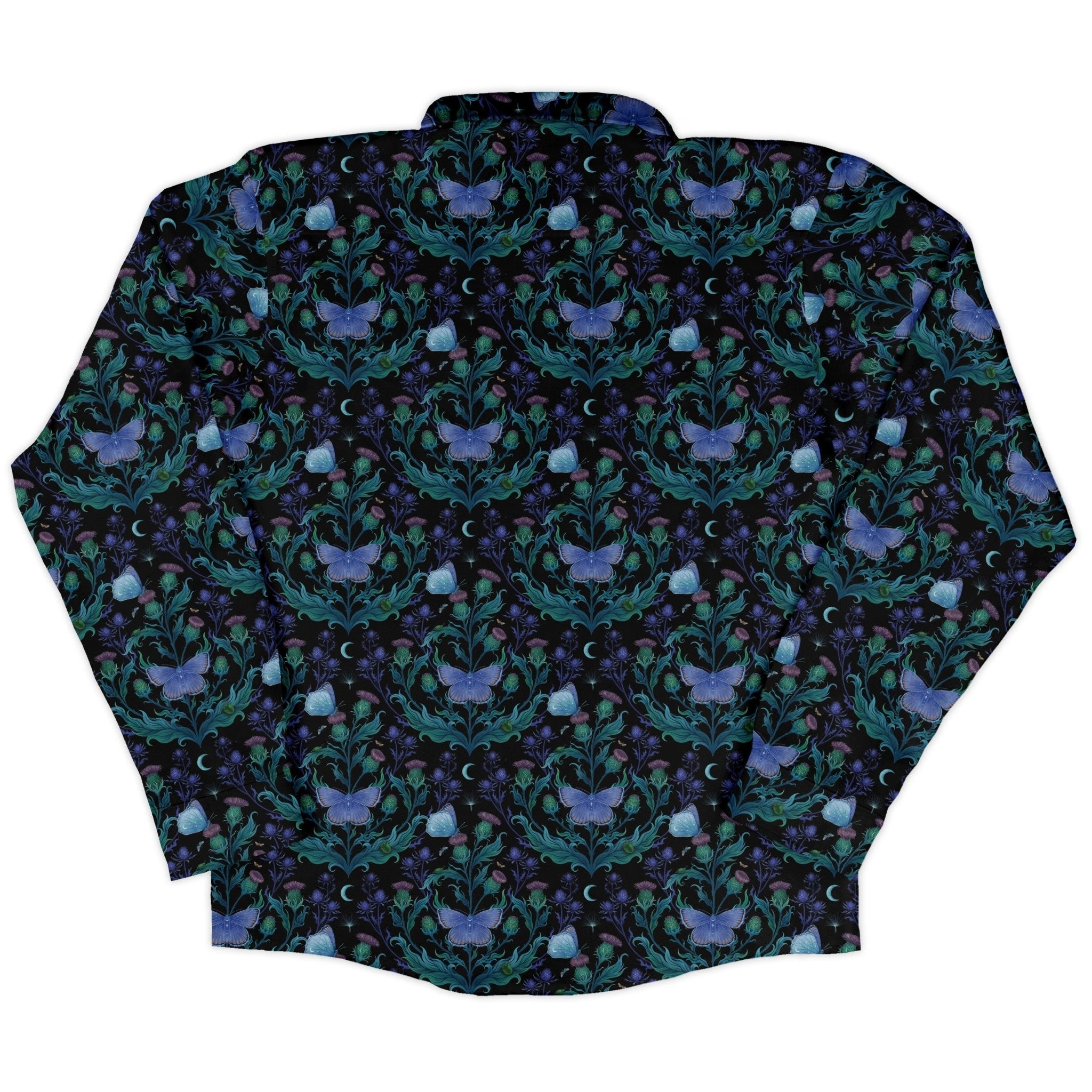 Episodic Thistle Moths Purple Long Sleeve Button Up Shirt Geek Nerd adult sizing Botany Print Design by Episodic