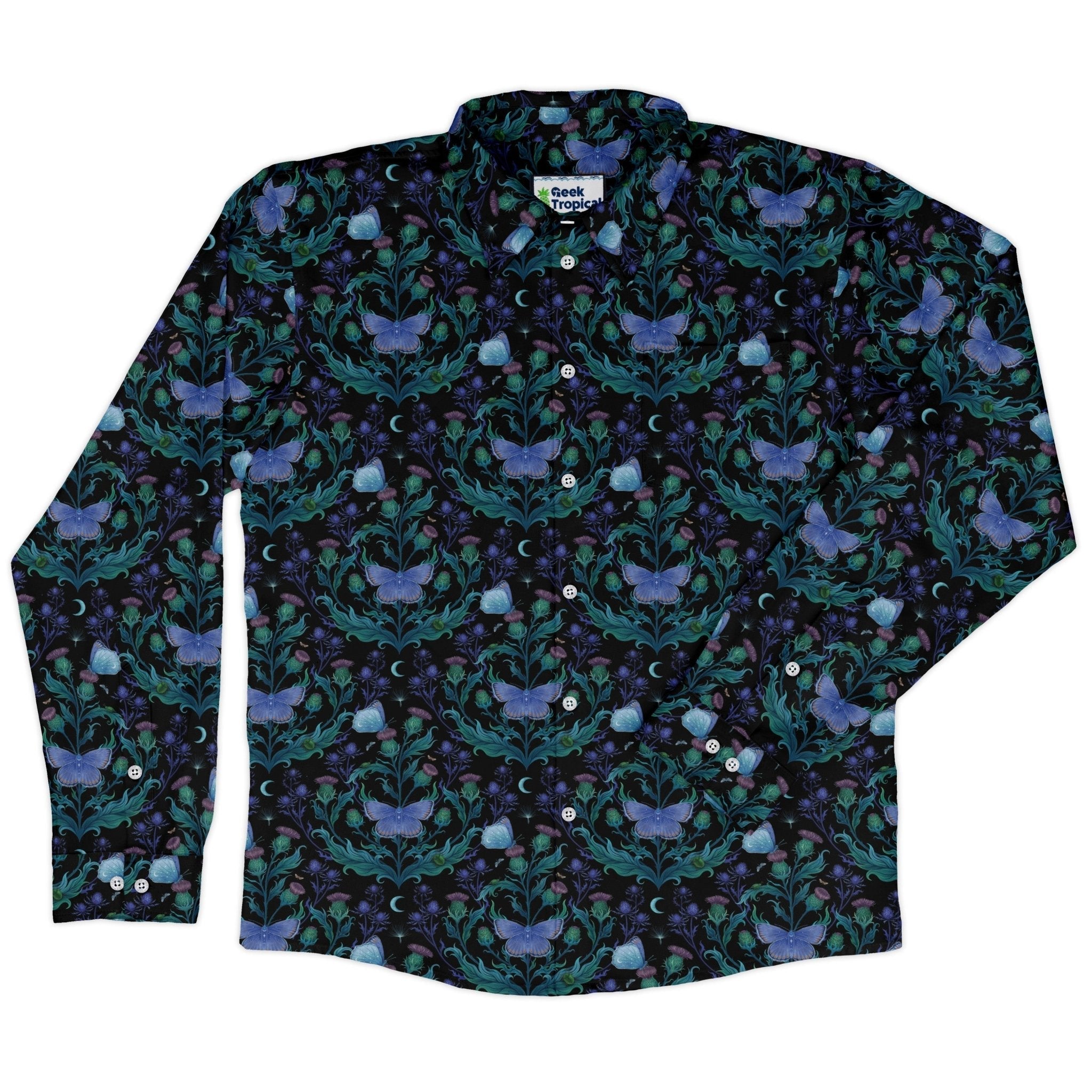Episodic Thistle Moths Purple Long Sleeve Button Up Shirt Geek Nerd adult sizing Botany Print Design by Episodic