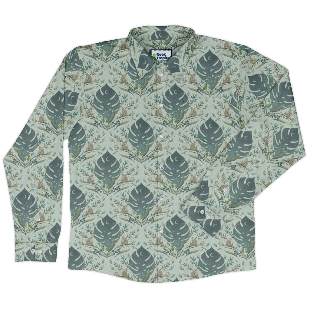 Episodic Tropical Monkey Green Long Sleeve Button Up Shirt Geek Nerd adult sizing Animal Patterns Botany Print