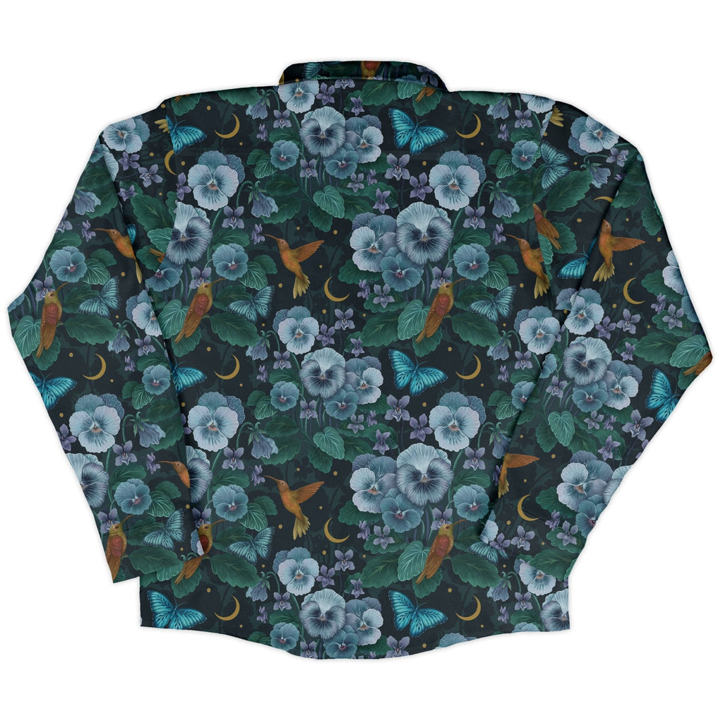 Episodic Violet Night Long Sleeve Button Up Shirt Geek Nerd adult sizing Animal Patterns Botany Print