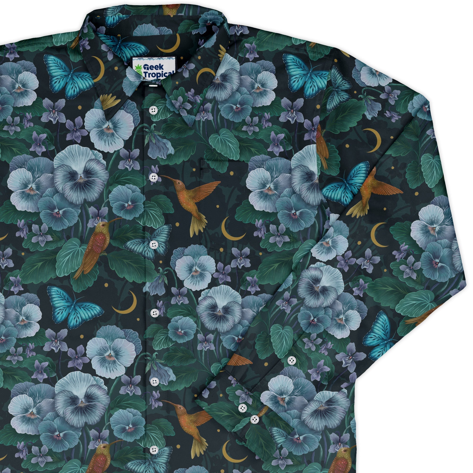 Episodic Violet Night Long Sleeve Button Up Shirt Geek Nerd adult sizing Animal Patterns Botany Print