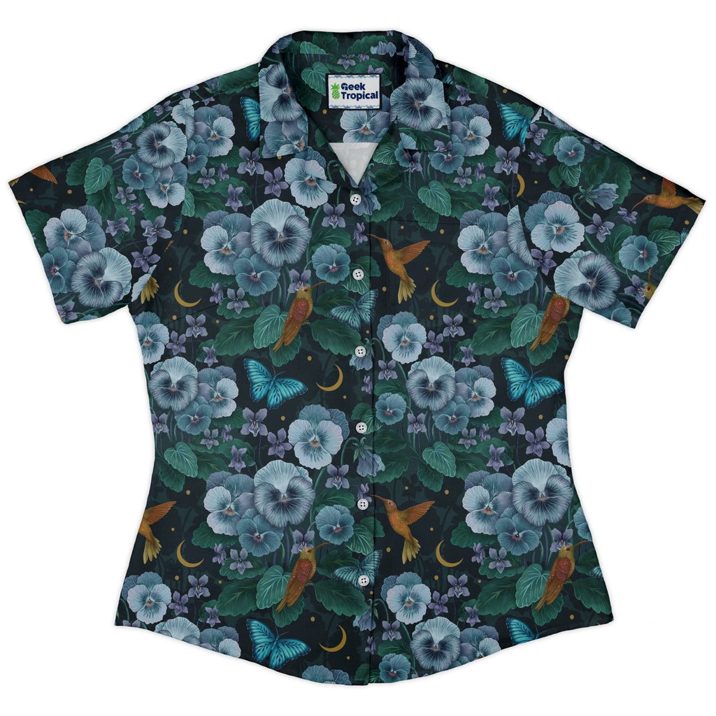 Episodic Violet Night Curvy Button Up Shirt Geek Nerd Animal Patterns Botany Print Design by Episodic