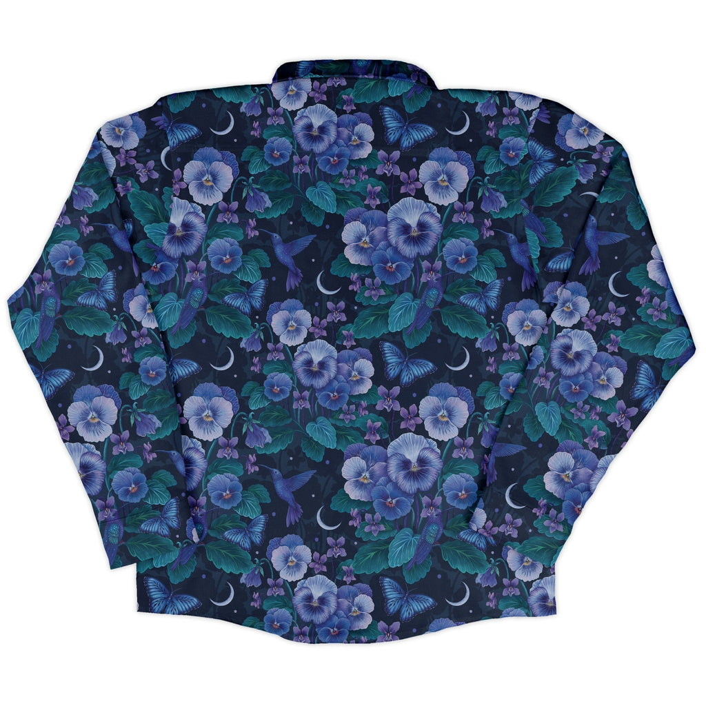 Episodic Violet Purple Night Long Sleeve Button Up Shirt Geek Nerd adult sizing Animal Patterns Botany Print