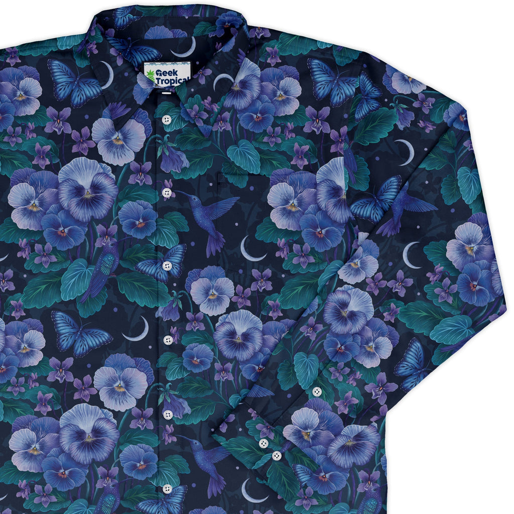 Episodic Violet Purple Night Long Sleeve Button Up Shirt Geek Nerd adult sizing Animal Patterns Botany Print