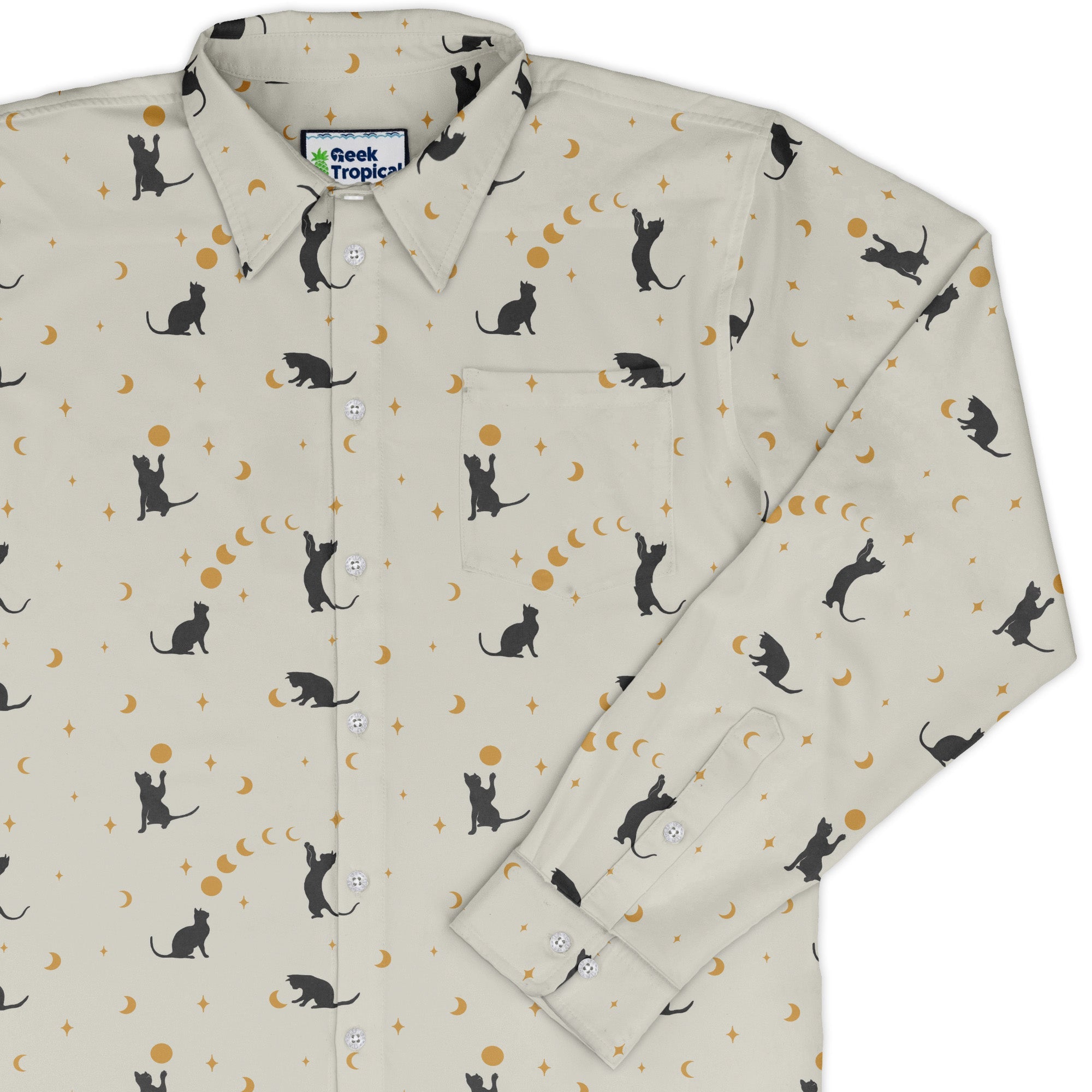 Episodic cat catching the moon Long Sleeve Button Up Shirt Geek Nerd adult sizing Animal Patterns Design by Episodic
