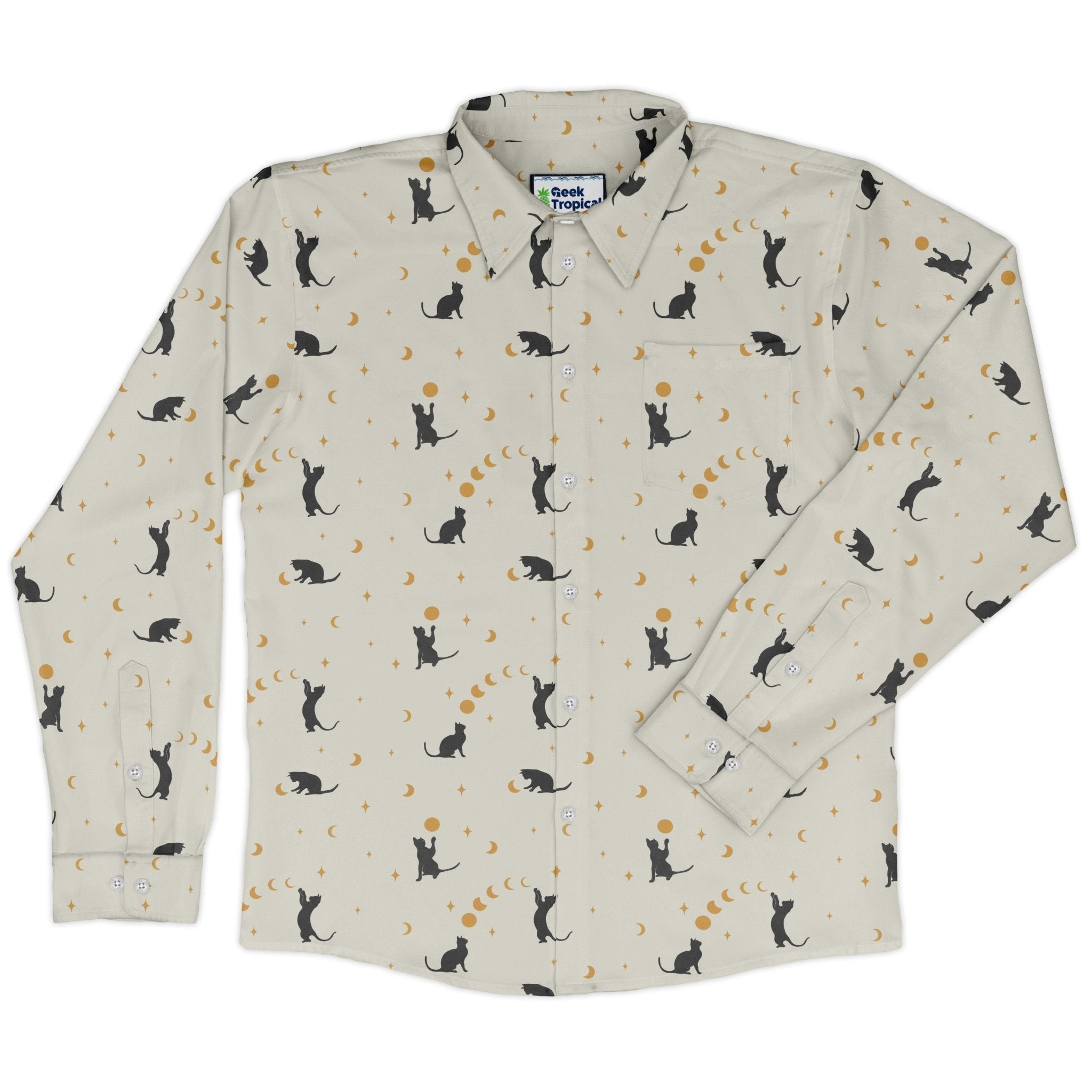 Episodic cat catching the moon Long Sleeve Button Up Shirt Geek Nerd adult sizing Animal Patterns Design by Episodic