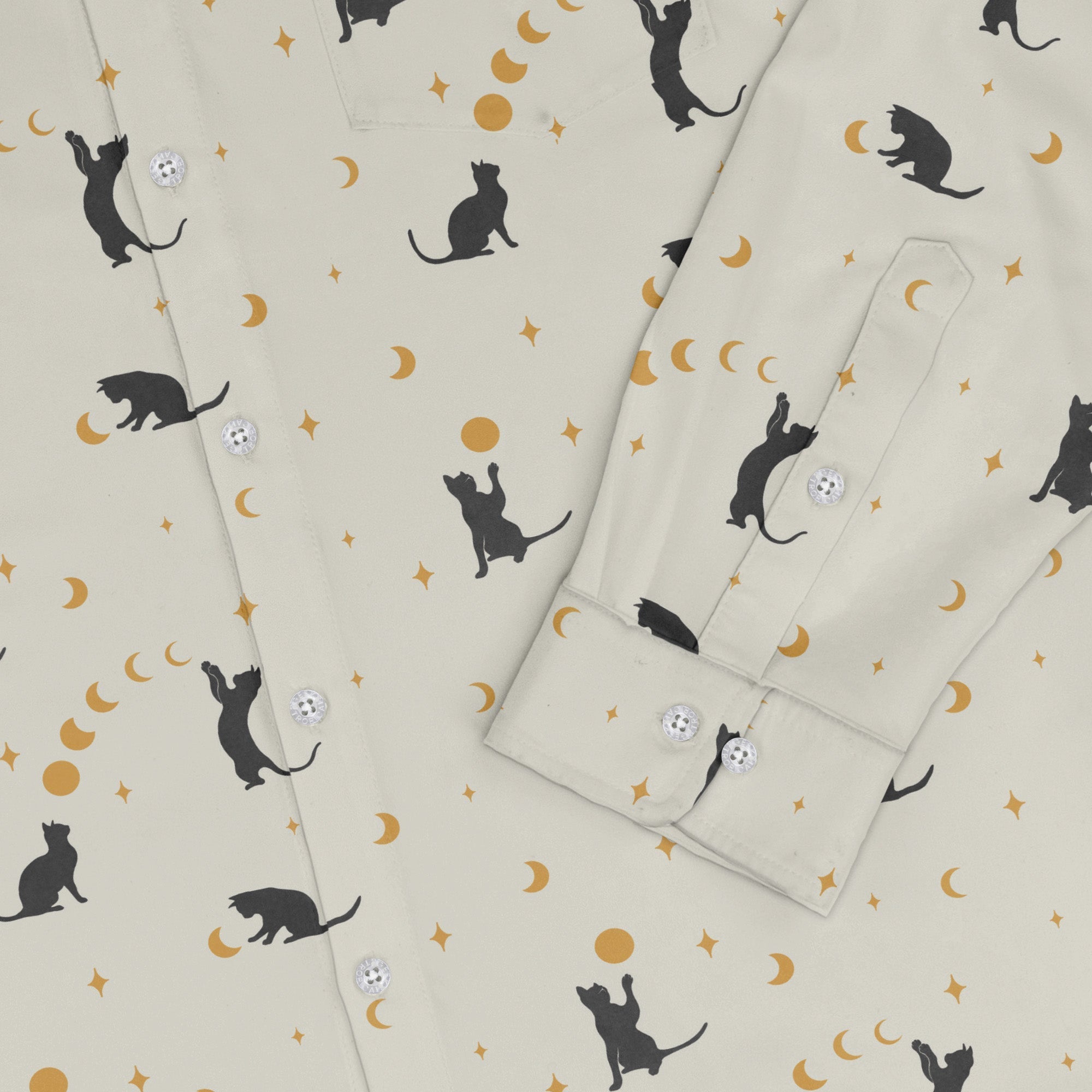 Episodic cat catching the moon Long Sleeve Button Up Shirt Geek Nerd adult sizing Animal Patterns Design by Episodic