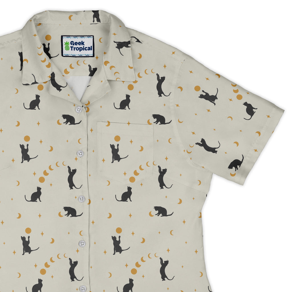 Episodic cat catching the moon Curvy Button Up Shirt Geek Nerd Animal Patterns Design by Episodic outer space & astronaut print