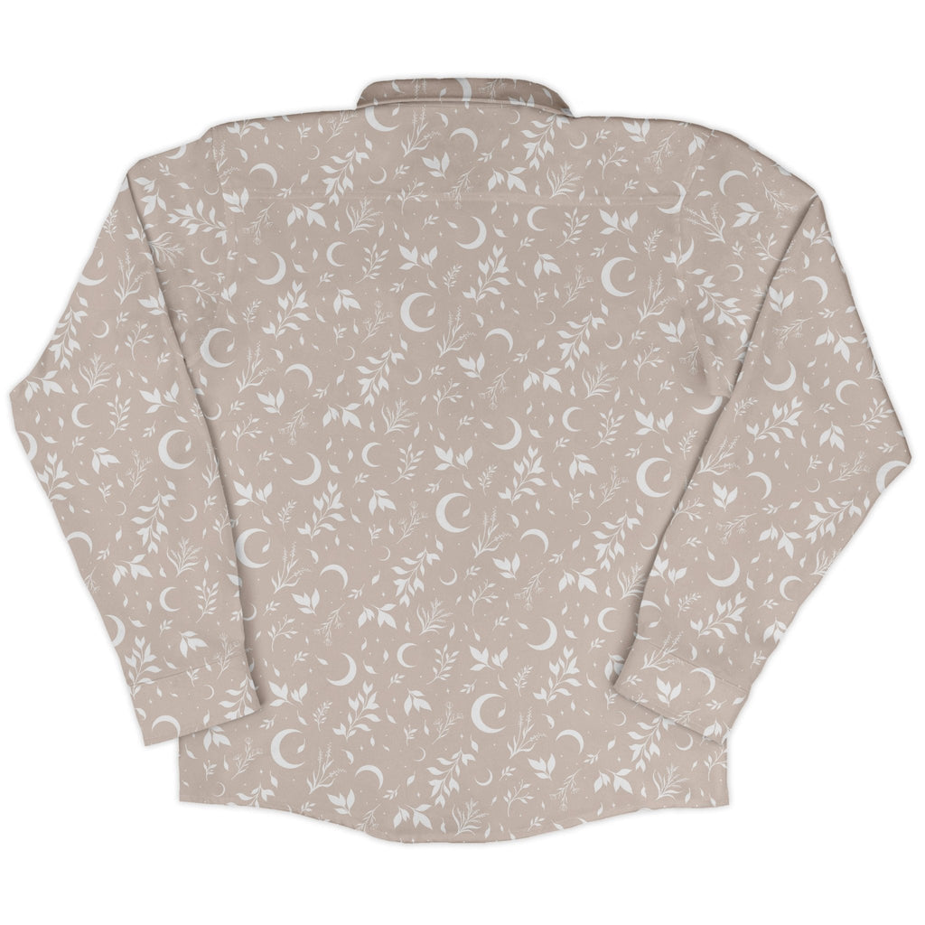 Episodic crescent moon garden biege Long Sleeve Button Up Shirt Geek Nerd adult sizing Botany Print Design by Episodic