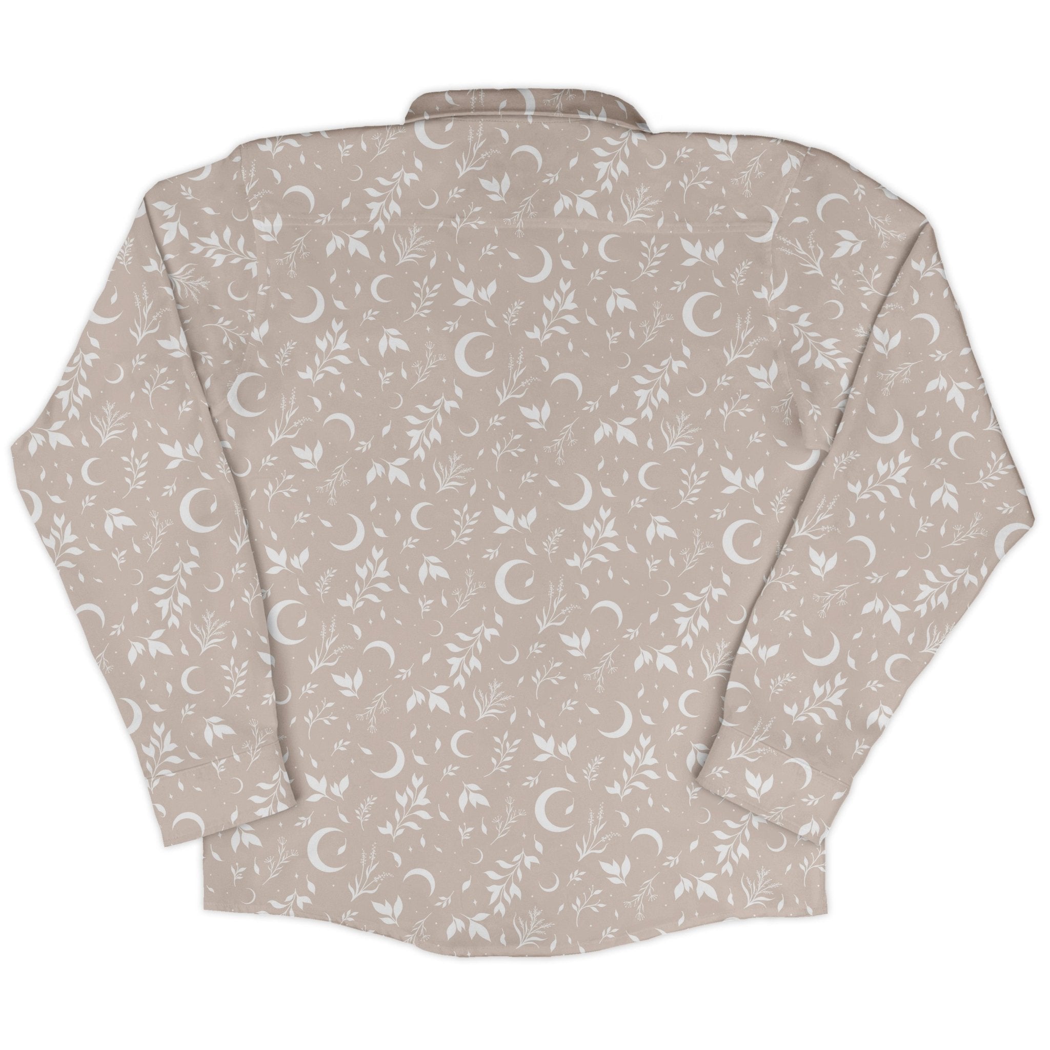 Episodic crescent moon garden biege Long Sleeve Button Up Shirt Geek Nerd adult sizing Botany Print Design by Episodic