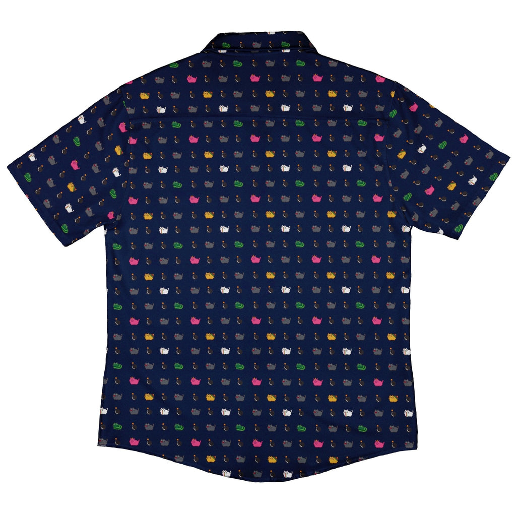 Exploding Kittens Pixel Cats Dark Blue Button Up Shirt - adult sizing - Animal Patterns - board game print