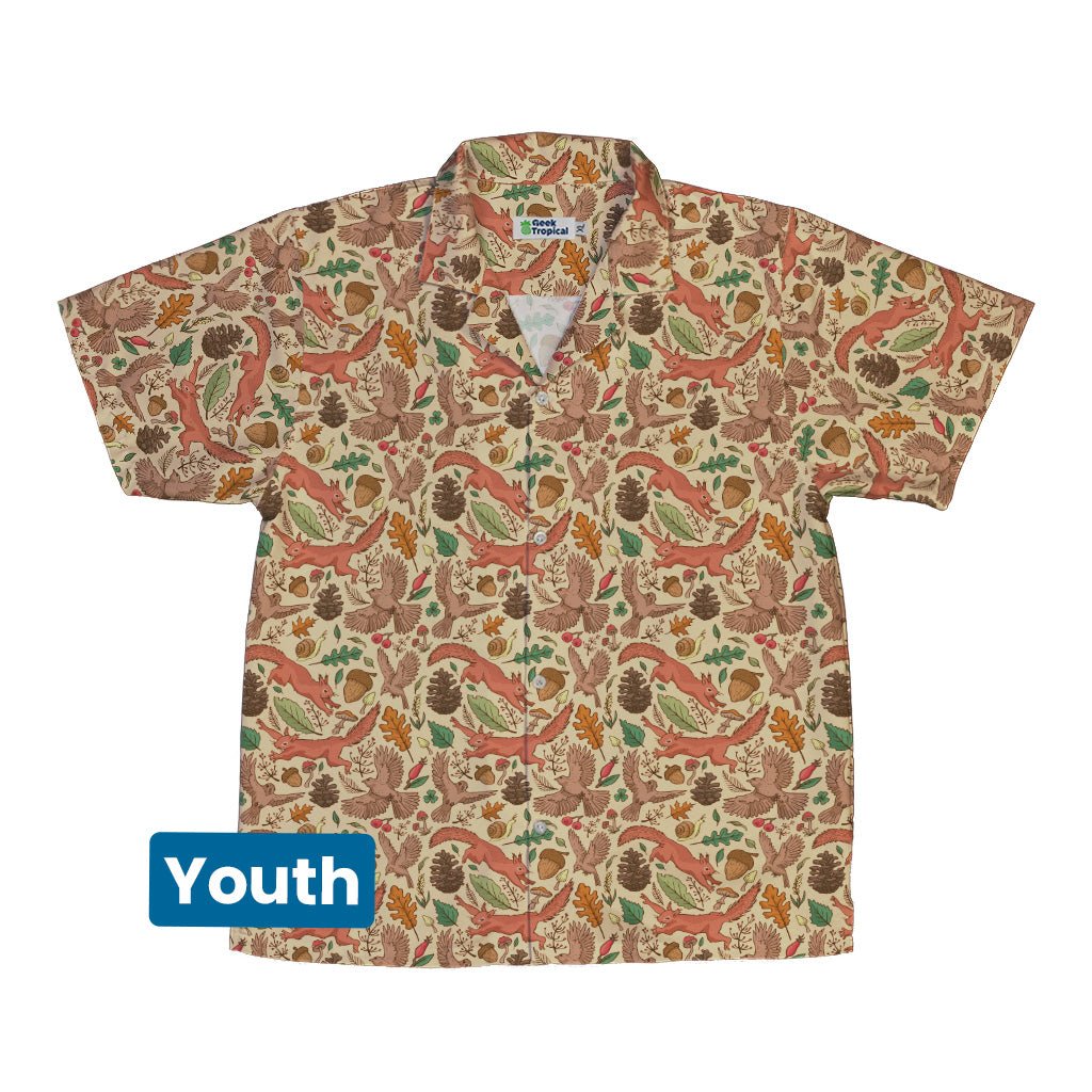Fall Squirrel Youth Hawaiian Shirt Geek Nerd animal patterns botany print Design by Julie Kitzes