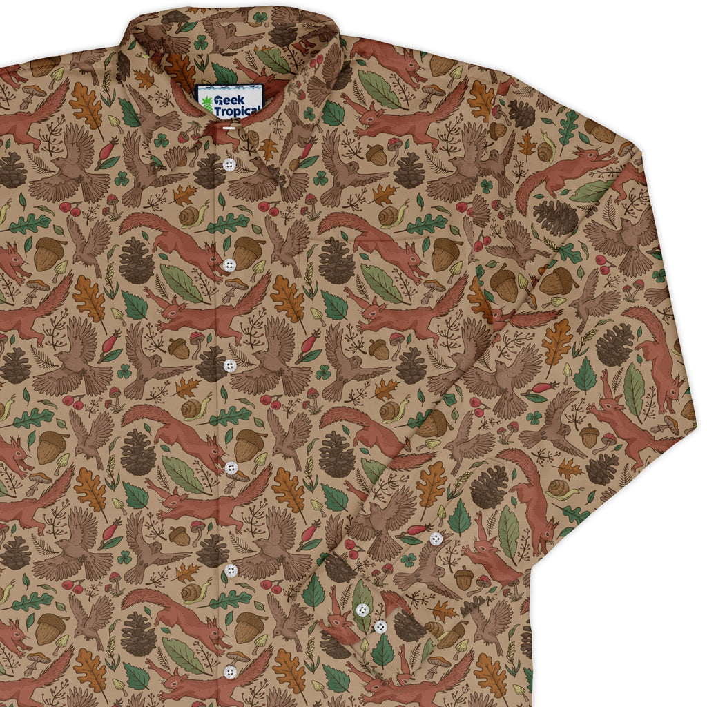 Fall Squirrel Long Sleeve Button Up Shirt Geek Nerd adult sizing animal patterns botany print