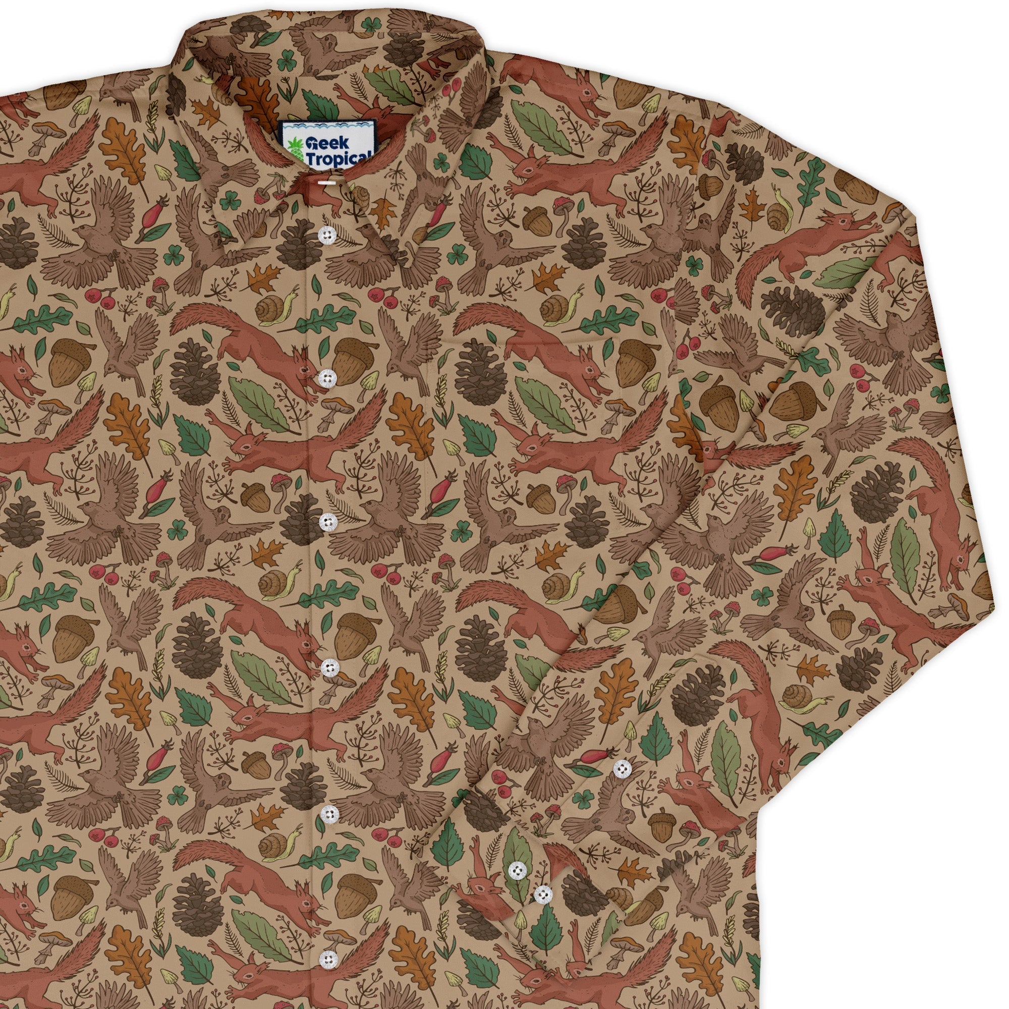 Fall Squirrel Long Sleeve Button Up Shirt Geek Nerd adult sizing animal patterns botany print