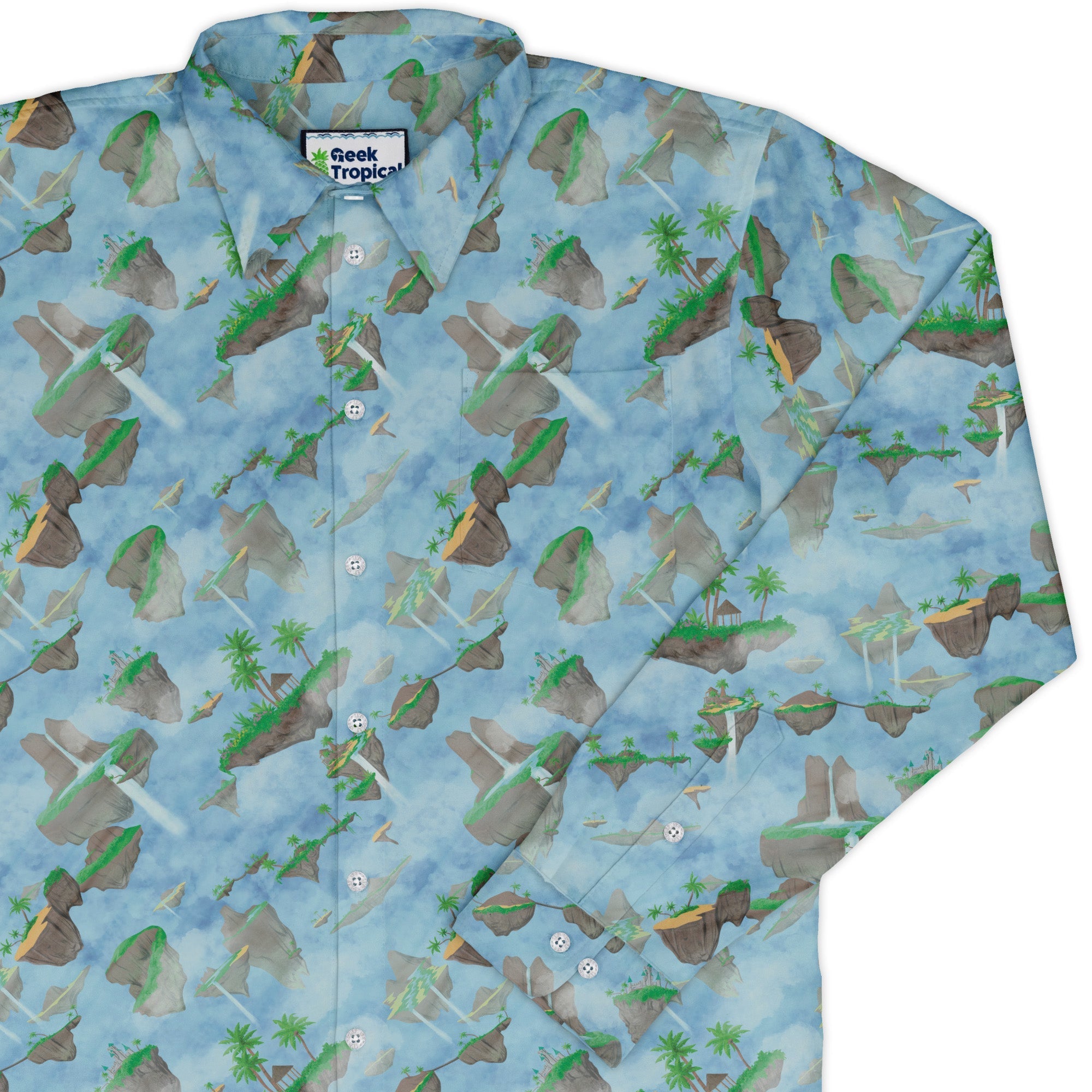Fantasy Floating Isles Dnd Long Sleeve Button Up Shirt Geek Nerd adult sizing Designs by Nathan Fantasy Prints