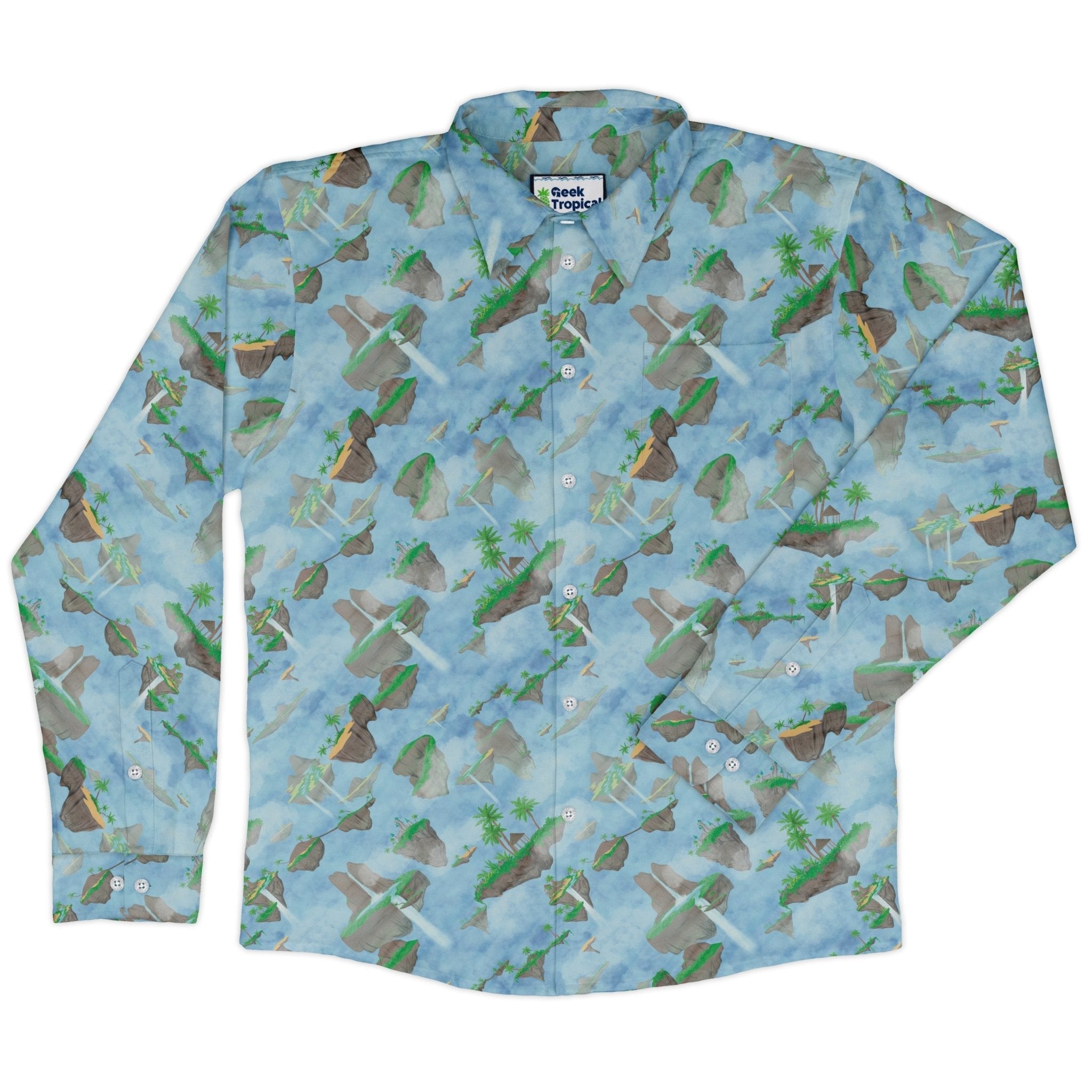 Fantasy Floating Isles Dnd Long Sleeve Button Up Shirt Geek Nerd adult sizing Designs by Nathan Fantasy Prints