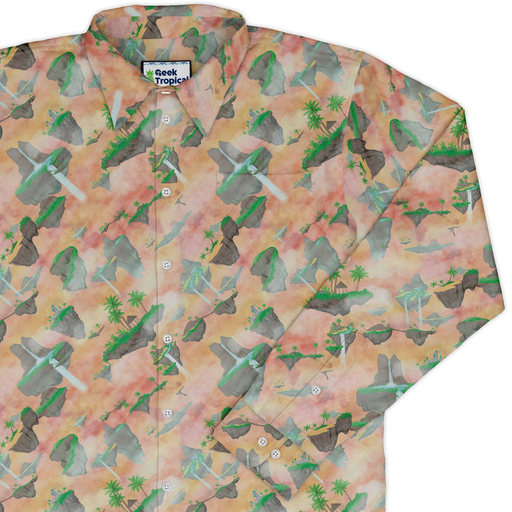 Fantasy Floating Isles Sunset Dnd Long Sleeve Button Up Shirt Geek Nerd adult sizing Designs by Nathan Fantasy Prints