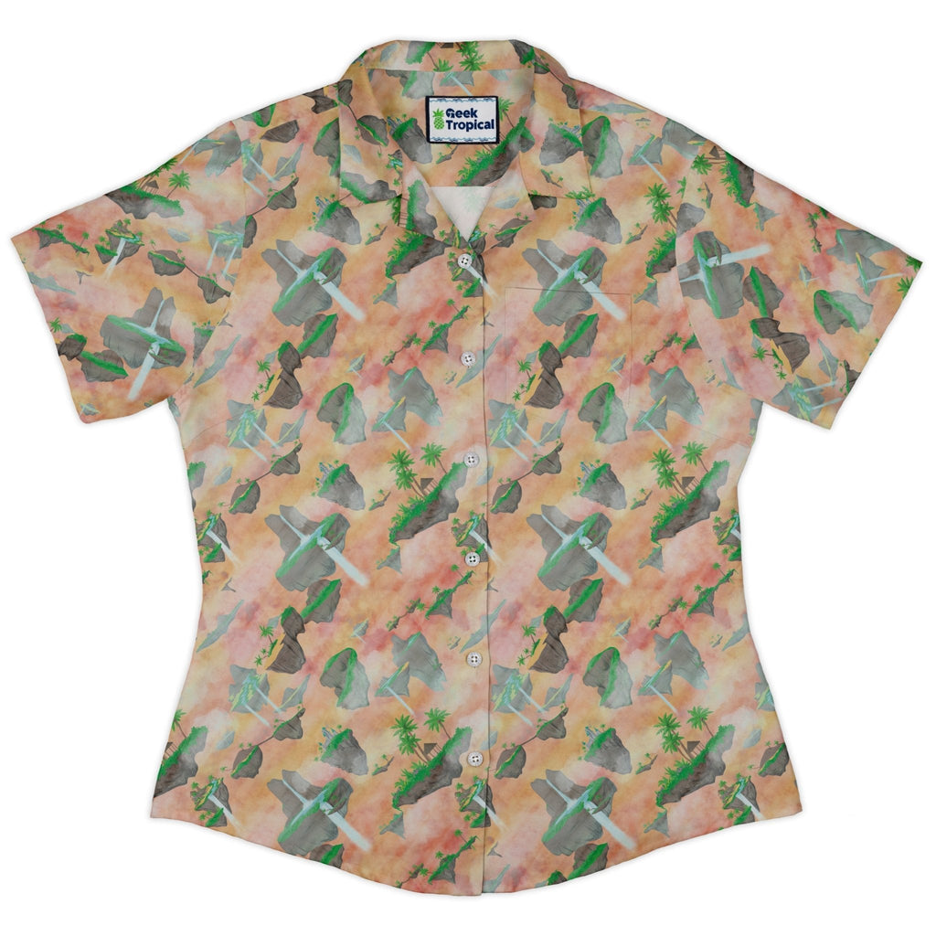 Fantasy Floating Isles Sunset Dnd Curvy Button Up Shirt Geek Nerd Designs by Nathan Fantasy Prints Q3