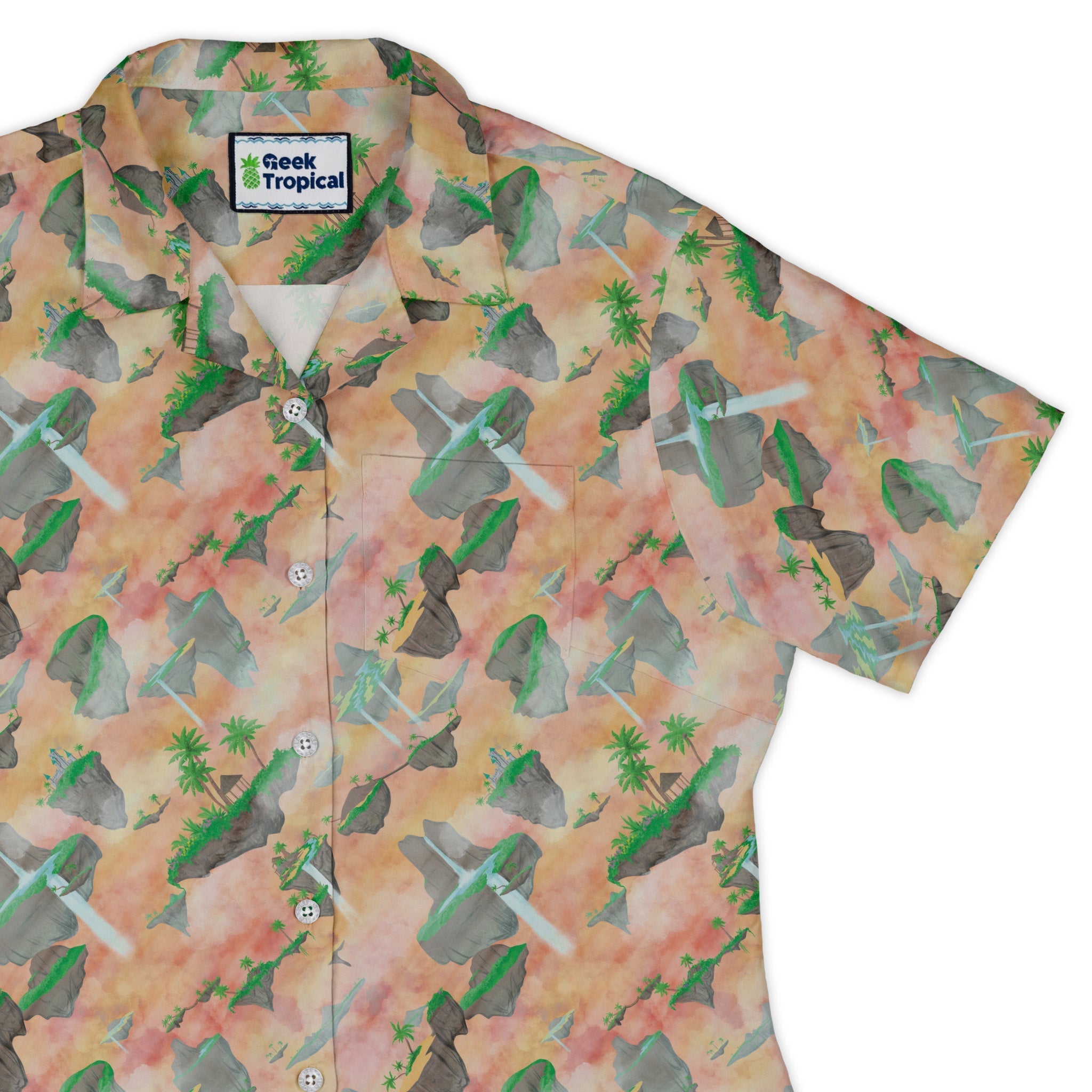 Fantasy Floating Isles Sunset Dnd Curvy Button Up Shirt Geek Nerd Designs by Nathan Fantasy Prints Q3