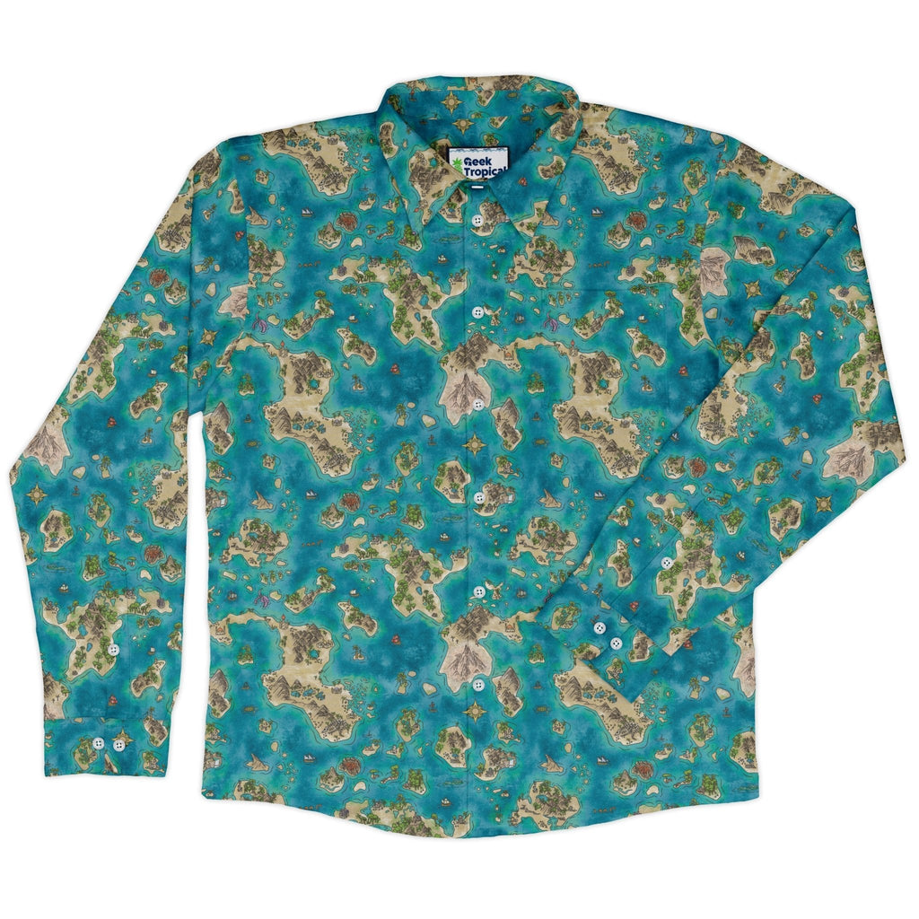 Fantasy World Map Dnd Long Sleeve Button Up Shirt Geek Nerd adult sizing Designs by Nathan dnd & rpg print