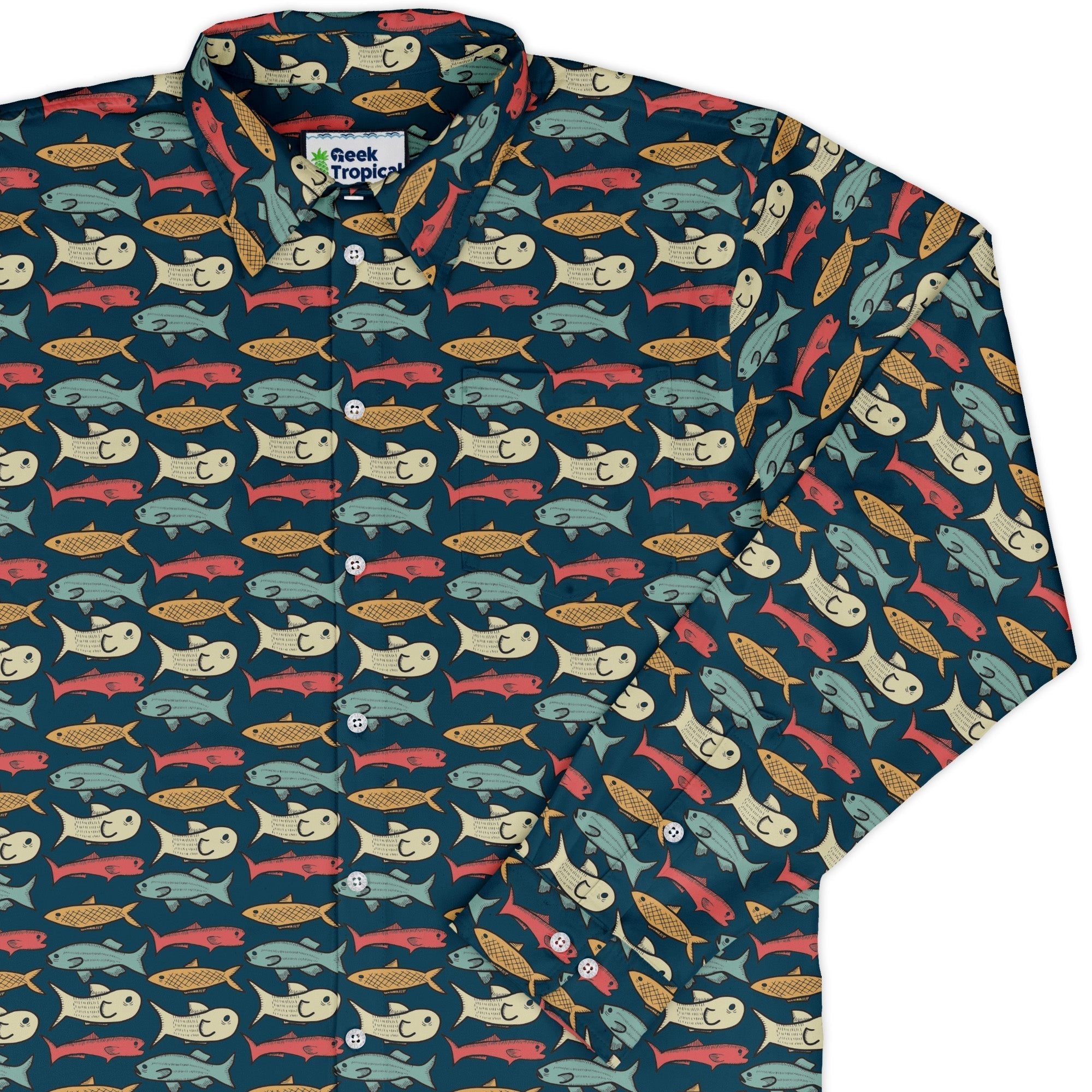 Fish Flow Long Sleeve Button Up Shirt Geek Nerd 0925 adult sizing All Adult Button Up Shirts