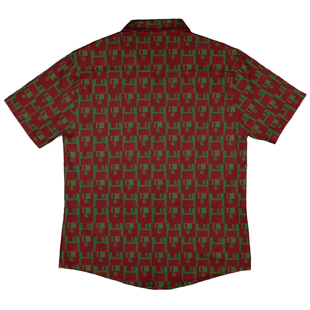 Floppy Disk Red and Green Button Up Shirt Geek Nerd adult sizing computer print Design by Random Galaxy