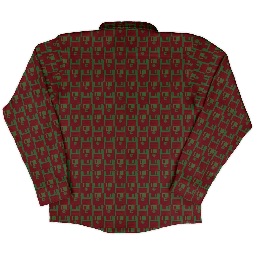 Floppy Disk Red and Green Long Sleeve Button Up Shirt Geek Nerd adult sizing computer print Design by Random Galaxy