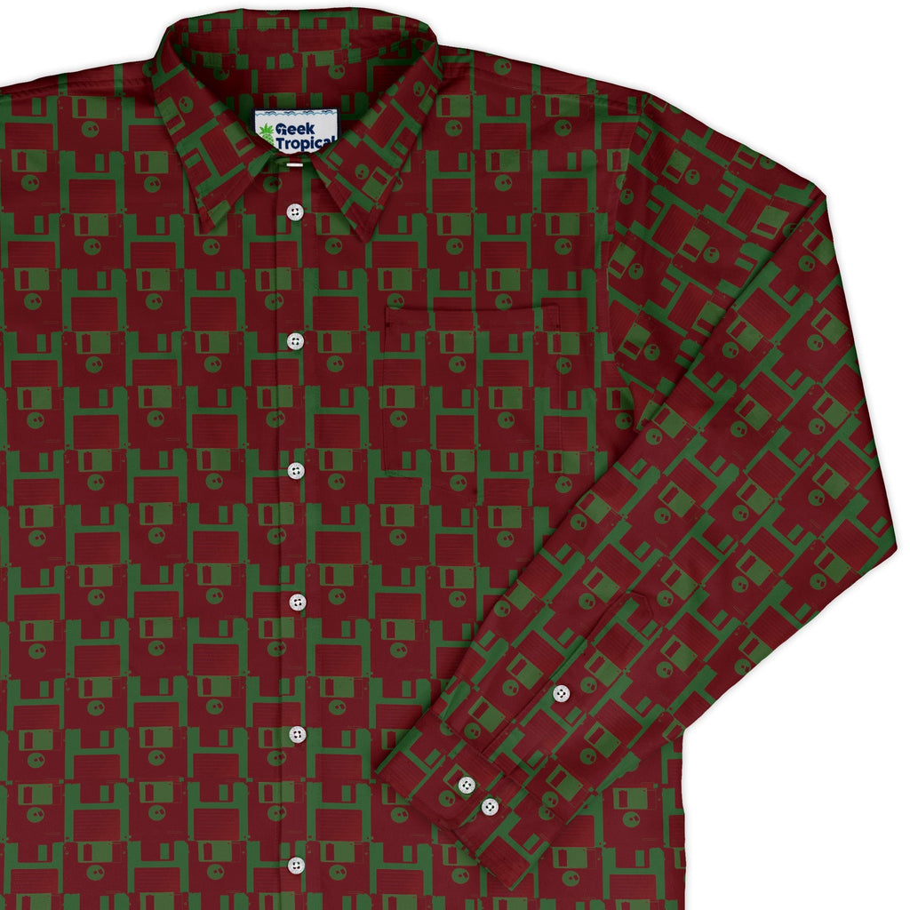 Floppy Disk Red and Green Long Sleeve Button Up Shirt Geek Nerd adult sizing computer print Design by Random Galaxy