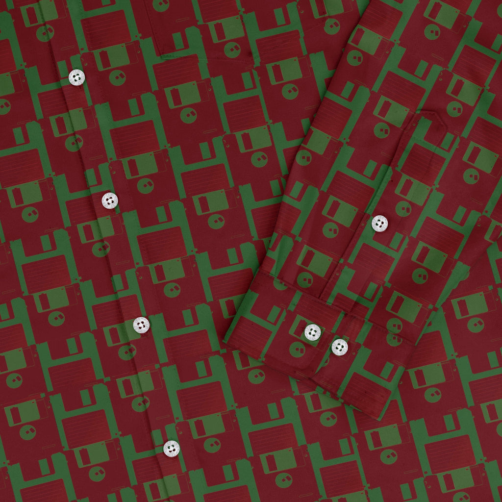Floppy Disk Red and Green Long Sleeve Button Up Shirt Geek Nerd adult sizing computer print Design by Random Galaxy