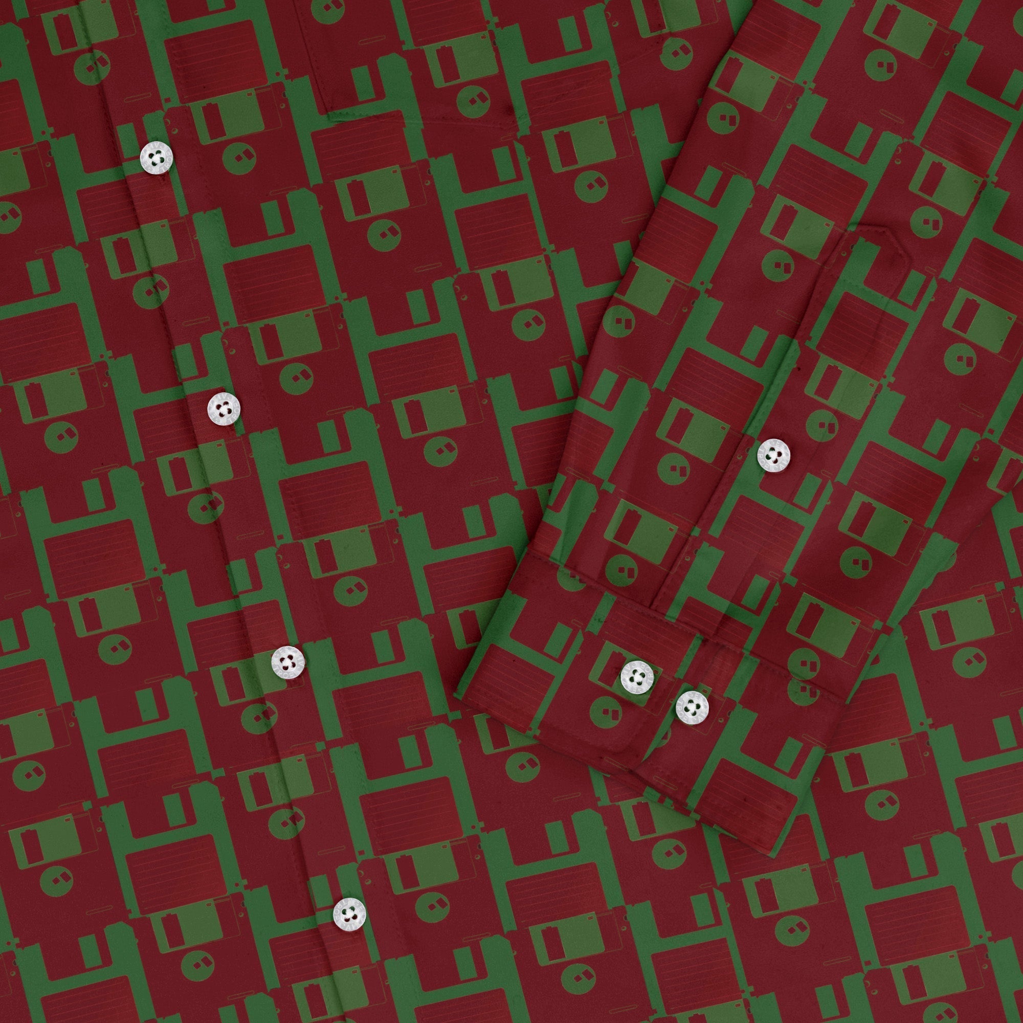 Floppy Disk Red and Green Long Sleeve Button Up Shirt Geek Nerd adult sizing computer print Design by Random Galaxy